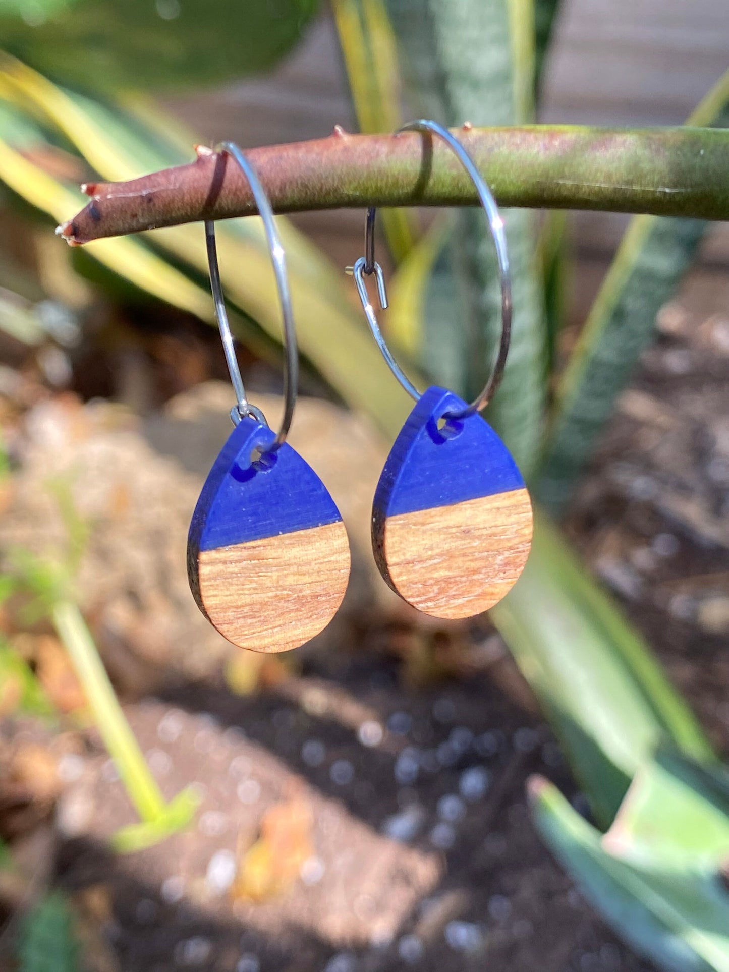 Wood Resin Earrings Boho Earring Blue Earring