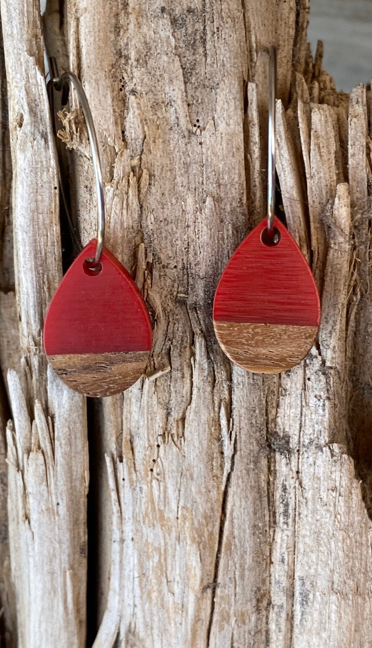 Red Resin & Wood Tear Drop Dangle Stainless Steel Hoop Earrings