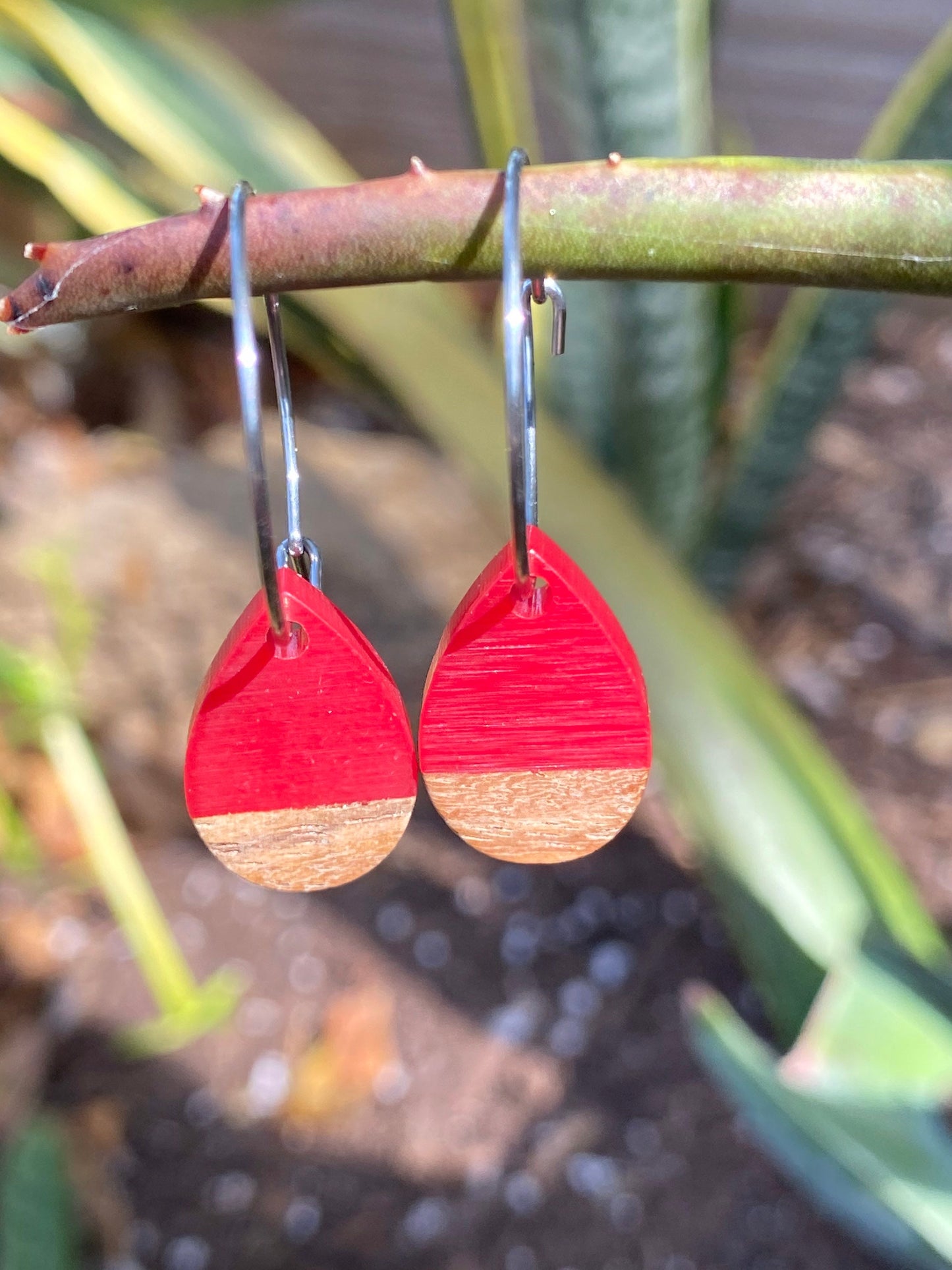 Red Resin & Wood Tear Drop Dangle Stainless Steel Hoop Earrings