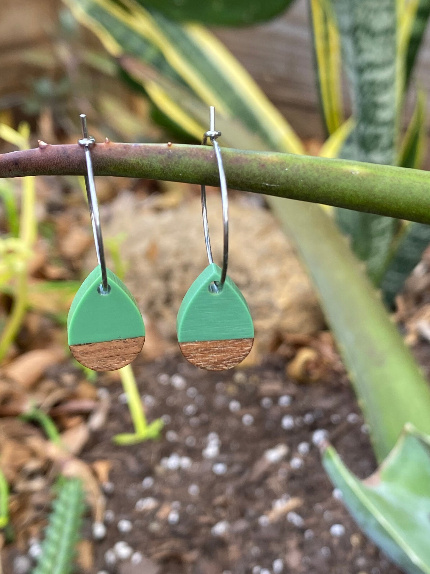 Green Resin & Wood Tear Drop Dangle Stainless Steel Hoop Earrings