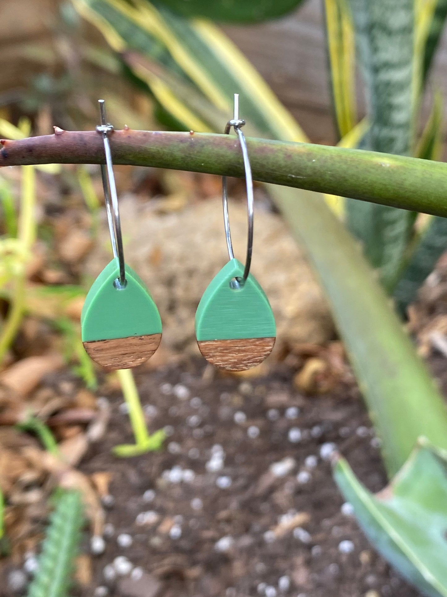 Green Resin & Wood Tear Drop Dangle Stainless Steel Hoop Earrings