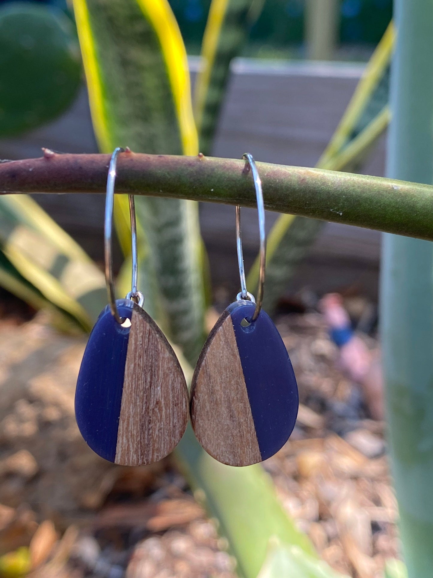 Blue Resin & Wood Teardrop Dangle Stainless Steel Hoop Earrings