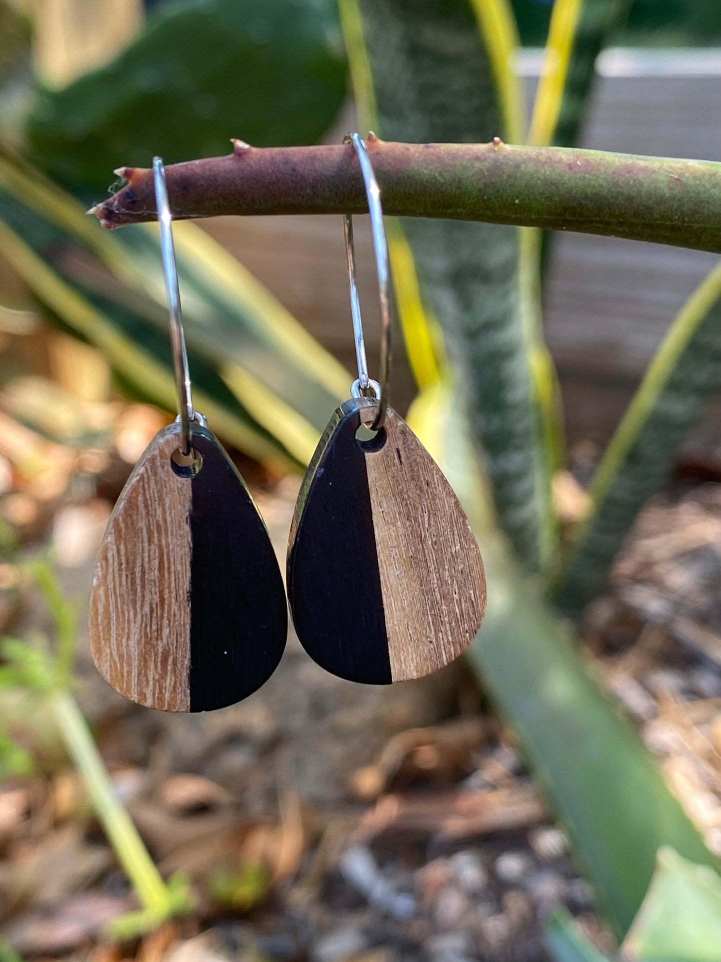 Black Resin &  Wood Teardrop Dangle Stainless Steel Hoop Earrings