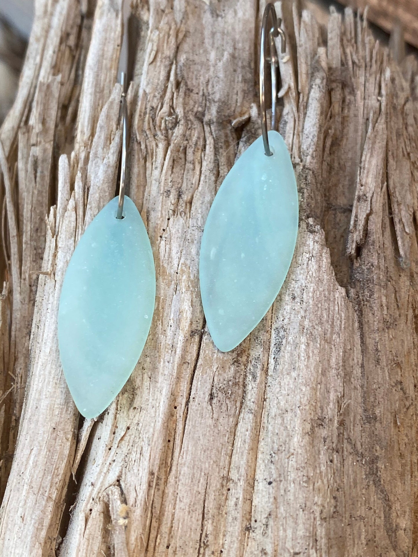 Recycled Glass Light Aqua Marquise Dangle Stainless Steel Hoop Earrings