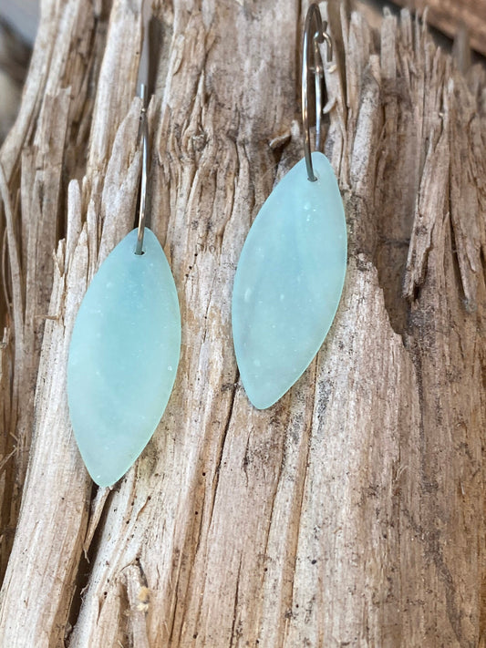 Recycled Glass Light Aqua Marquise Dangle Stainless Steel Hoop Earrings