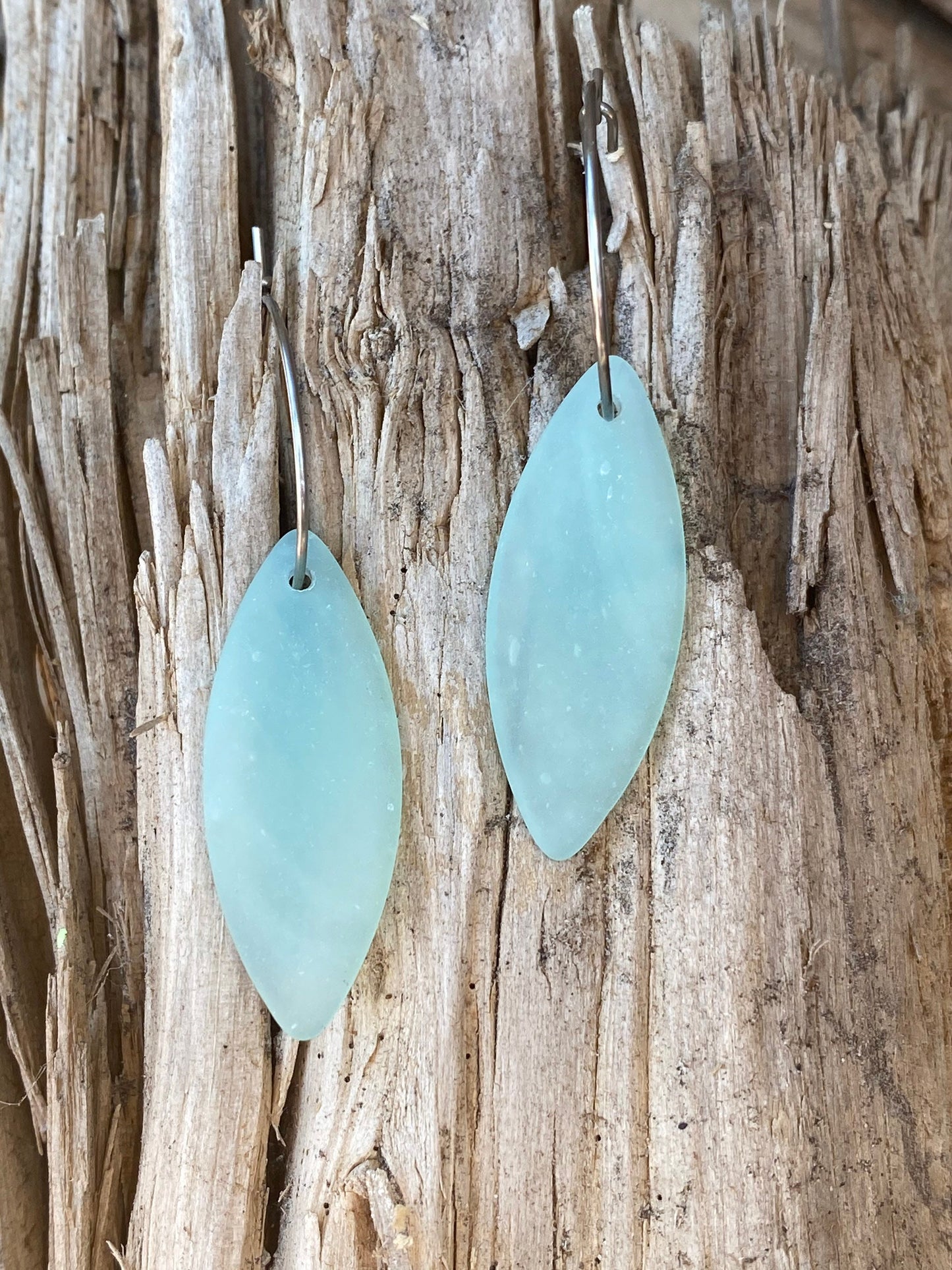 Recycled Glass Light Aqua Marquise Dangle Stainless Steel Hoop Earrings