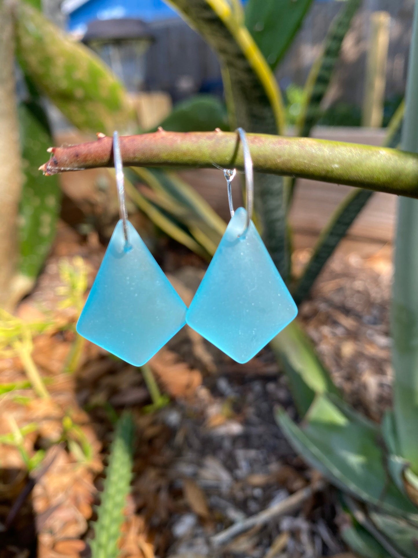 Recycled Glass Aqua Diamond Dangle Stainless Steel Hoop Earrings