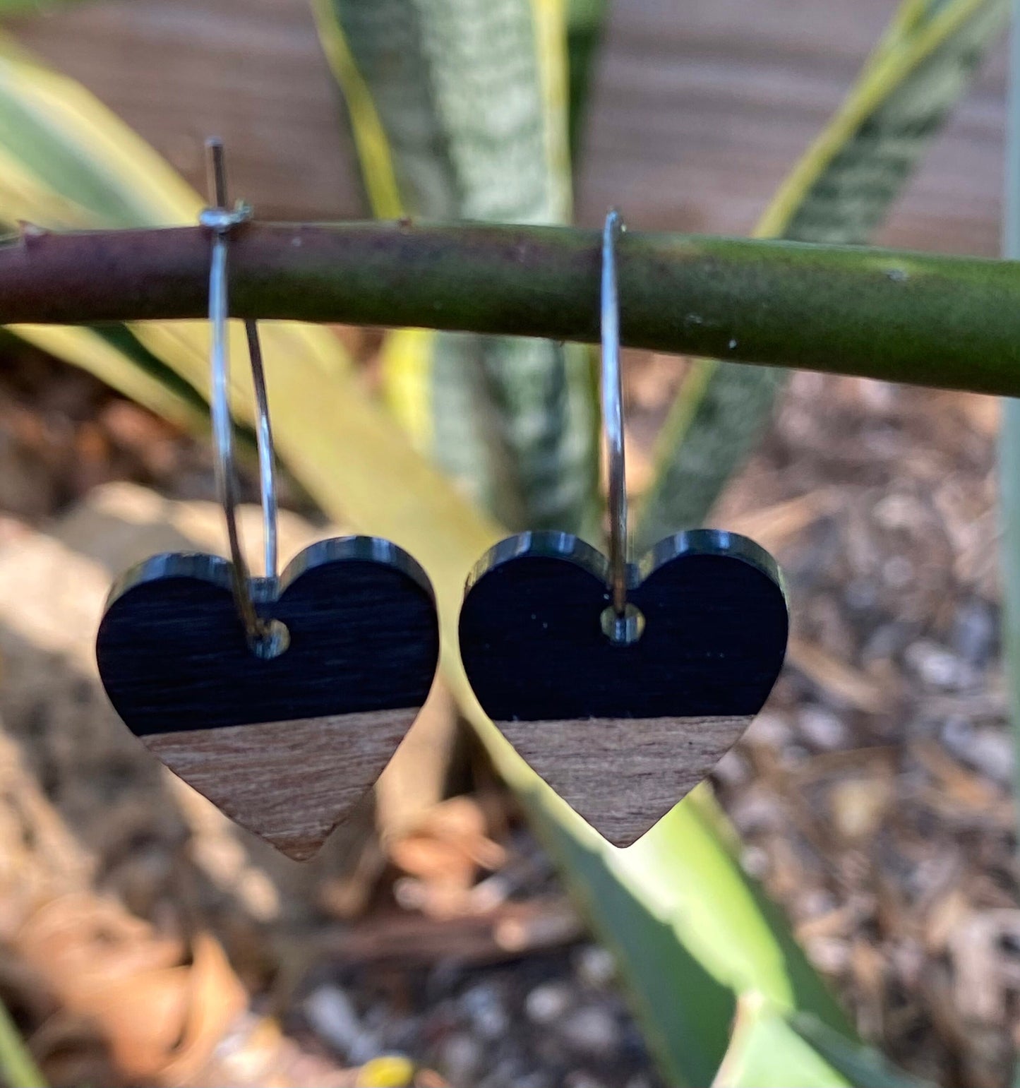 Black Resin &  Wood Heart Dangle Stainless Steel Hoop Earrings