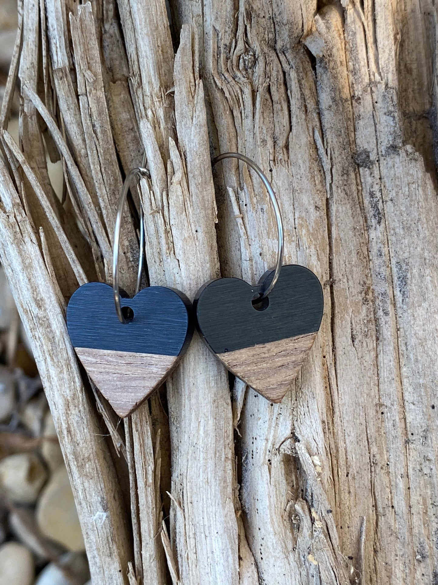 Black Resin &  Wood Heart Dangle Stainless Steel Hoop Earrings