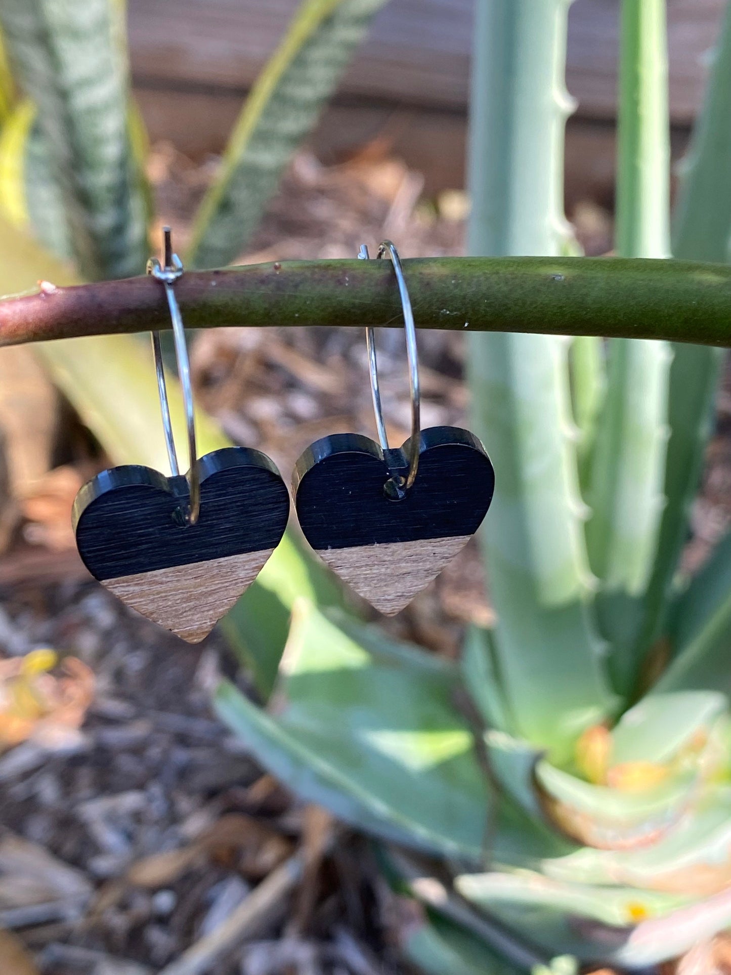 Black Resin &  Wood Heart Dangle Stainless Steel Hoop Earrings