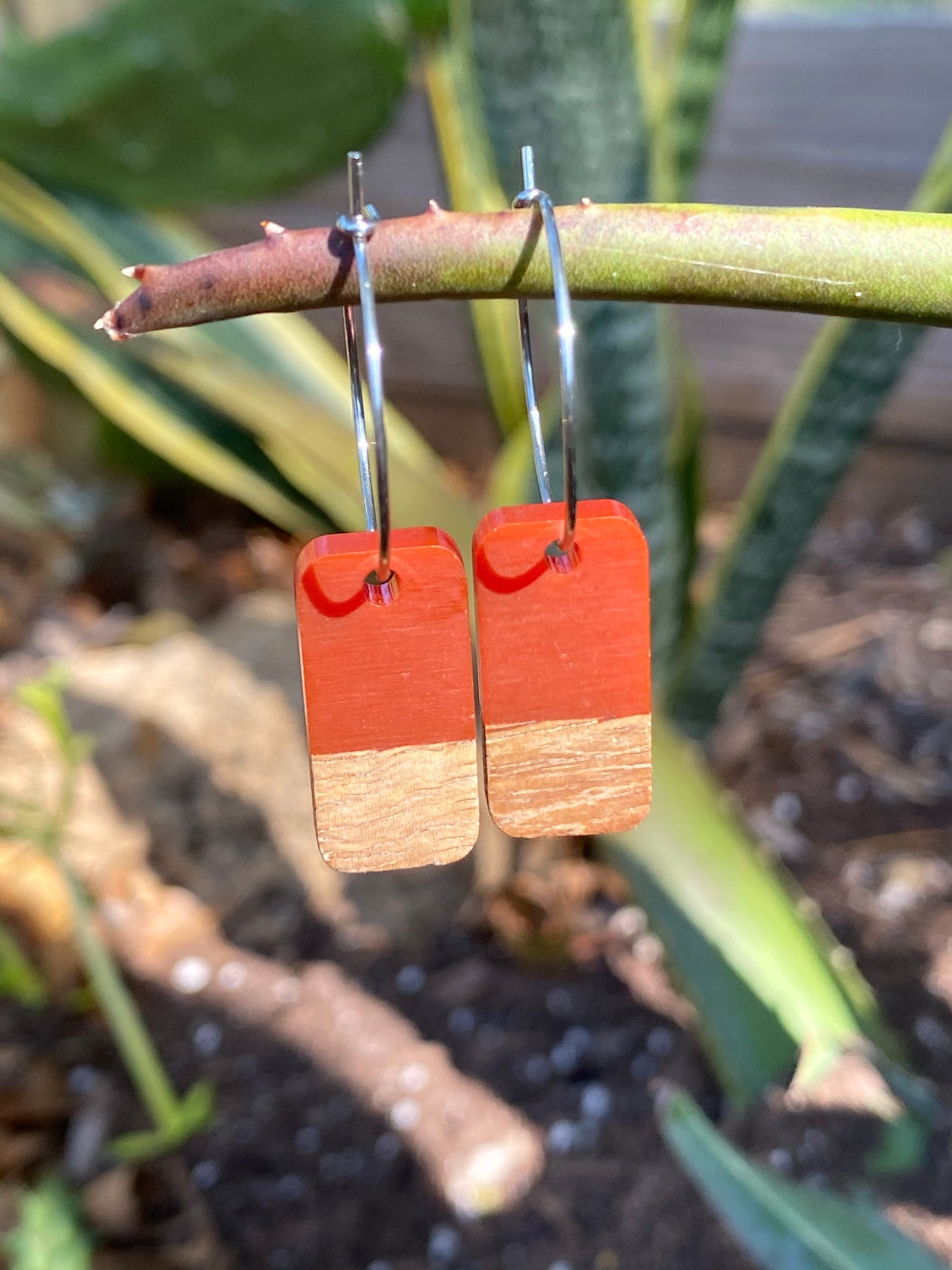 Red Resin & Wood Rectangle Dangle Stainless Steel Hoop Earrings