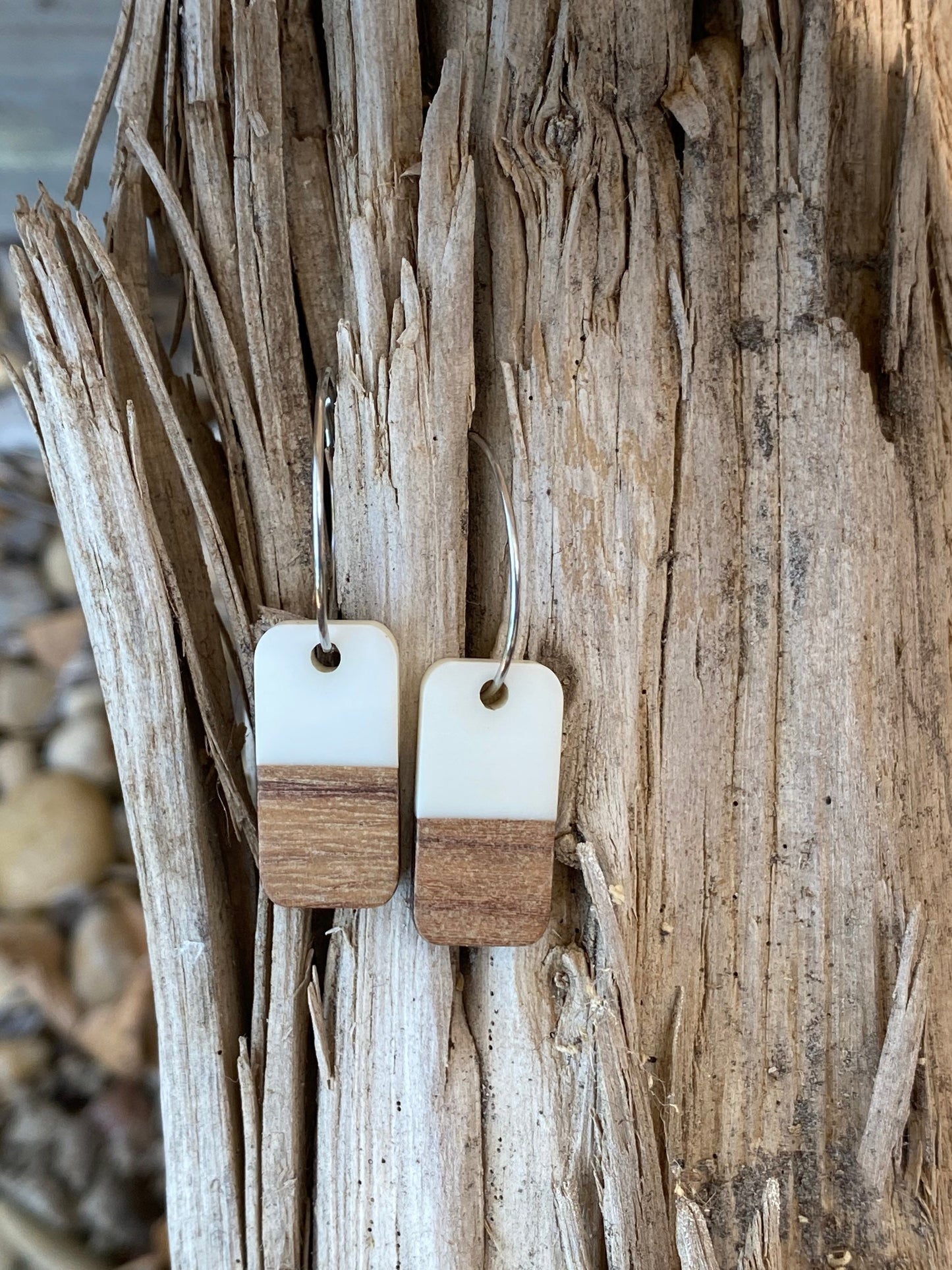 White Resin & Wood Rectangle Dangle Stainless Steel Hoop Earrings