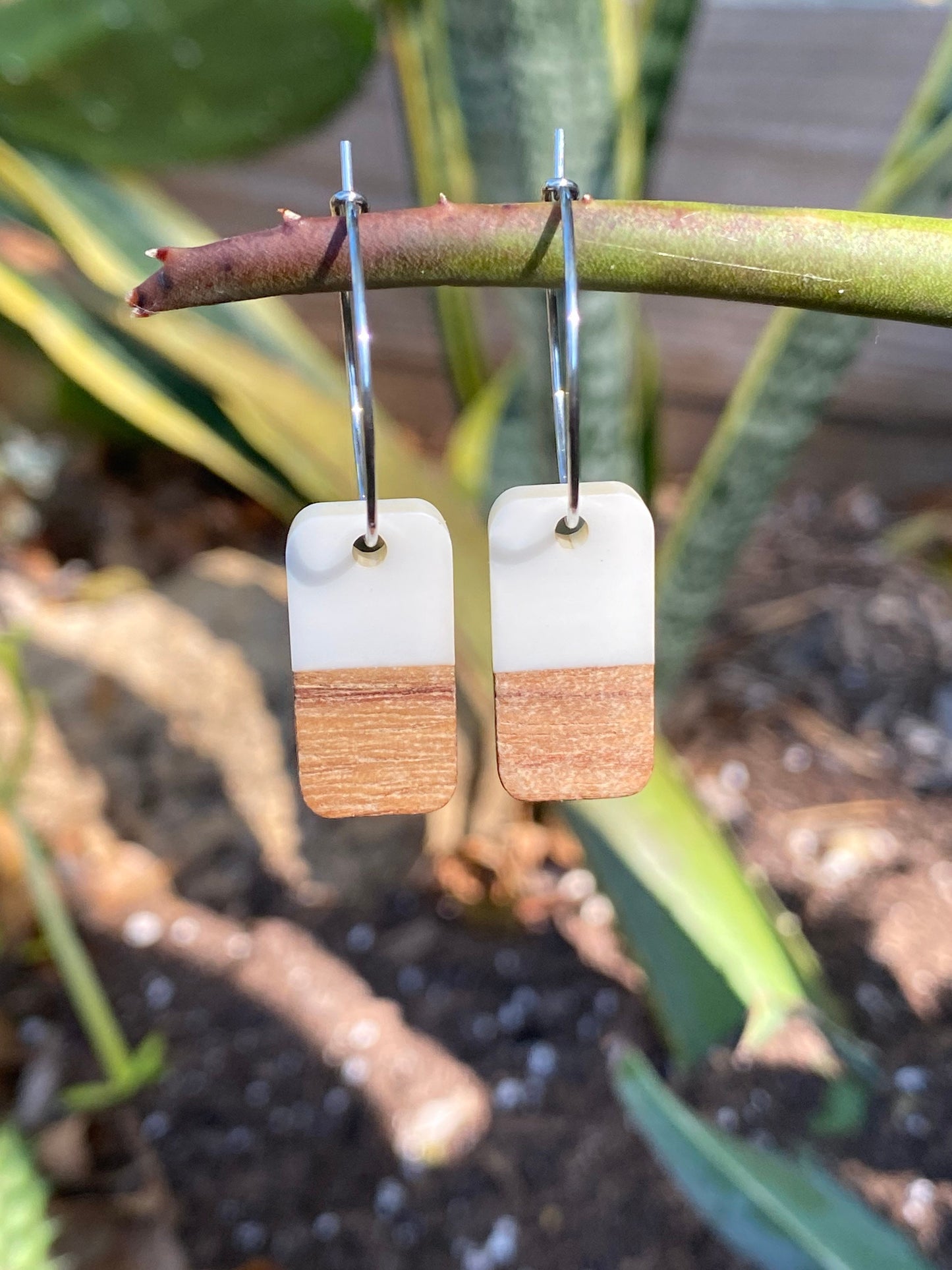 White Resin & Wood Rectangle Dangle Stainless Steel Hoop Earrings