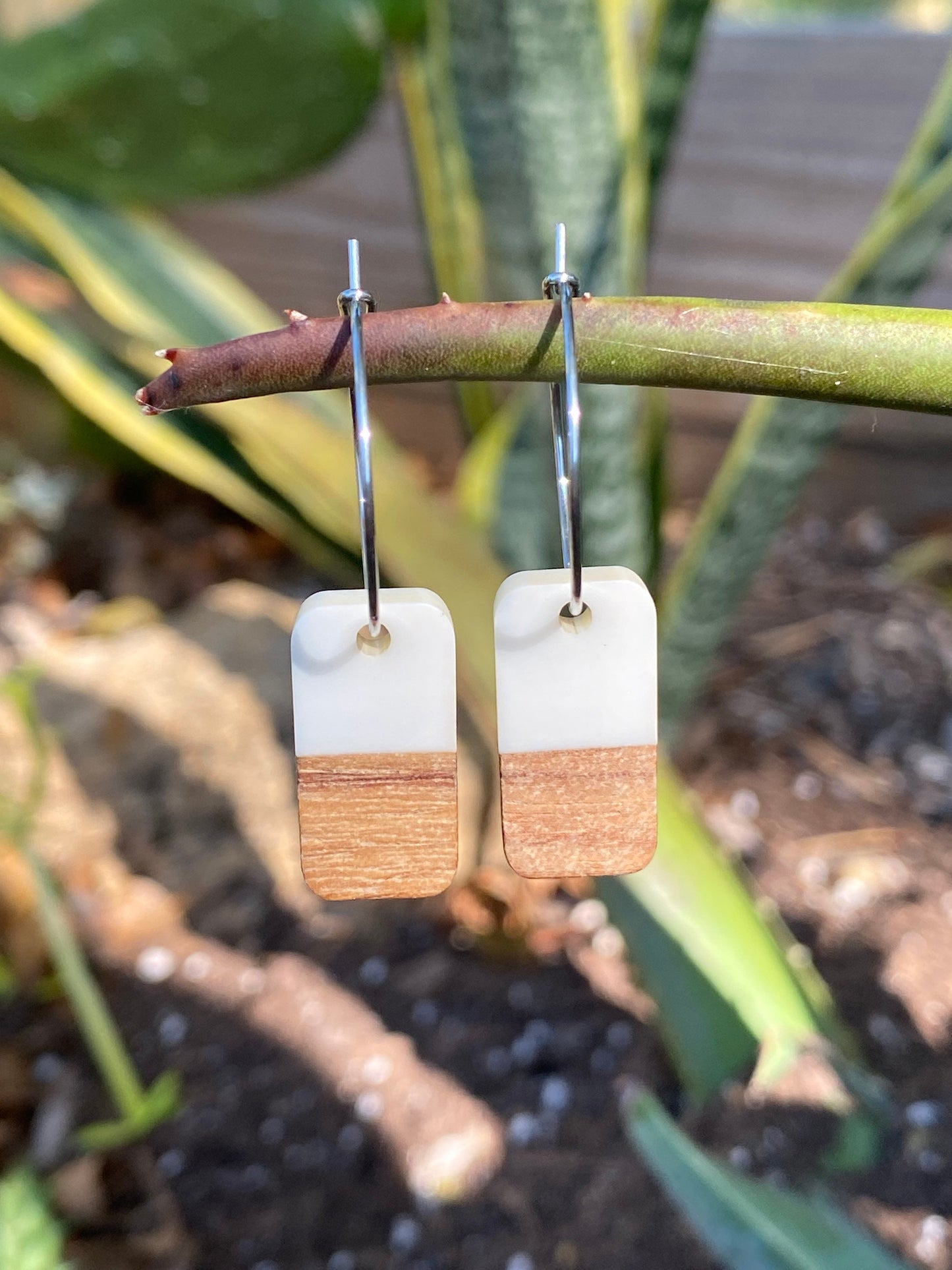 White Resin & Wood Rectangle Dangle Stainless Steel Hoop Earrings