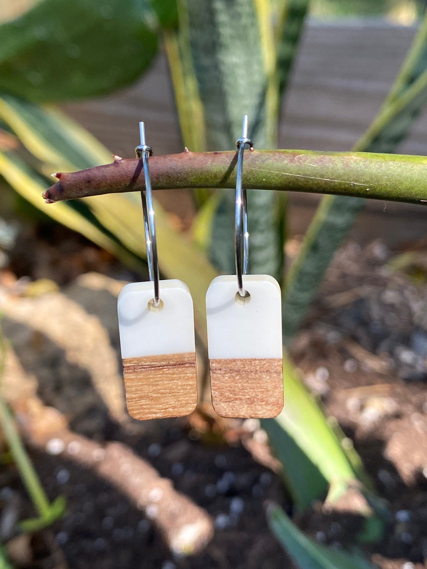 White Resin & Wood Rectangle Dangle Stainless Steel Hoop Earrings