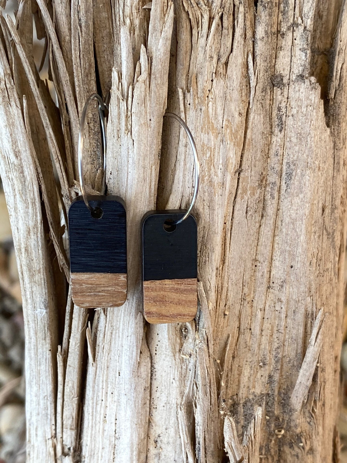 Black Resin & Wood Rectangle Dangle Stainless Steel Hoop Earrings