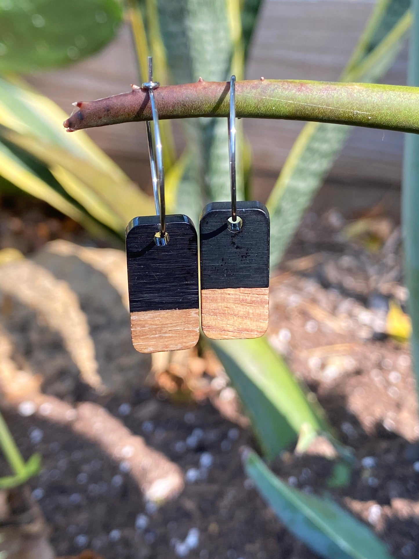 Black Resin & Wood Rectangle Dangle Stainless Steel Hoop Earrings