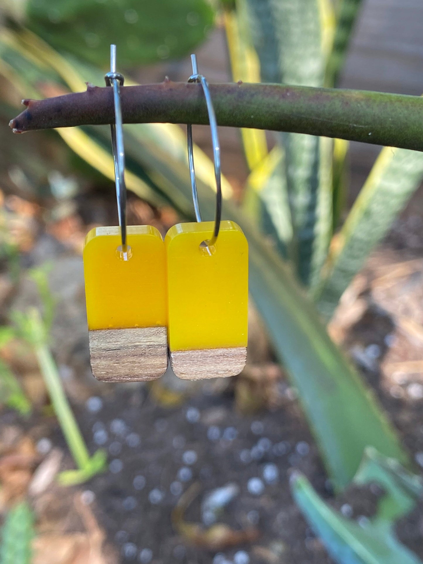 Yellow Resin & Wood Rectangle Dangle Stainless Steel Hoop Earrings