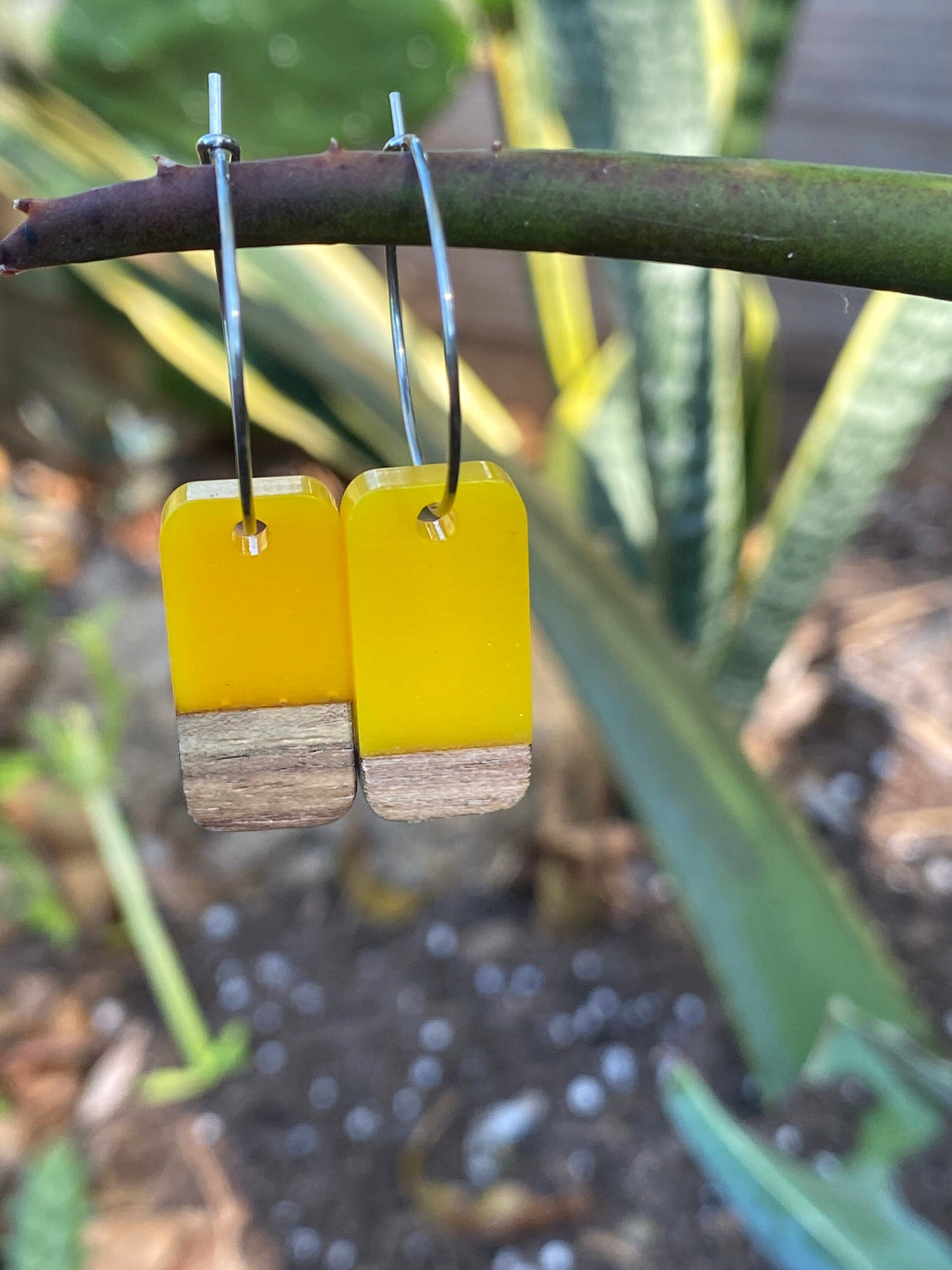 Yellow Resin & Wood Rectangle Dangle Stainless Steel Hoop Earrings