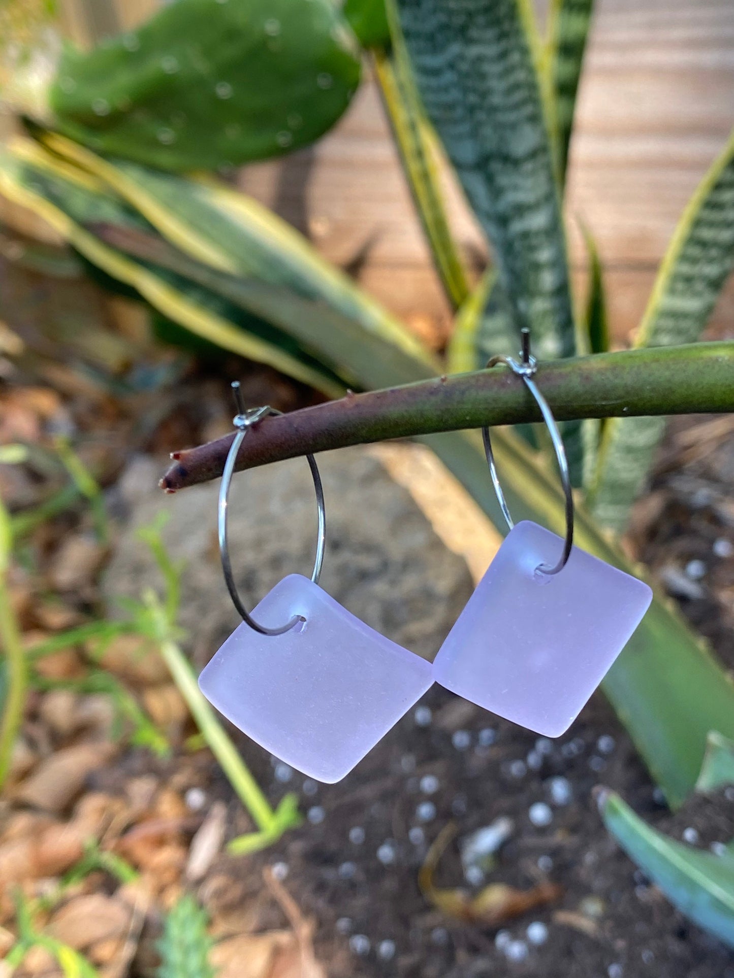 Periwinkle Recycled Glass Square Dangle Stainless Steel Hoop Earrings