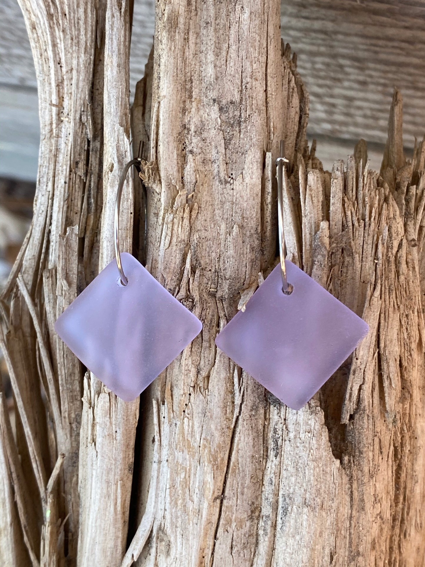 Periwinkle Recycled Glass Square Dangle Stainless Steel Hoop Earrings