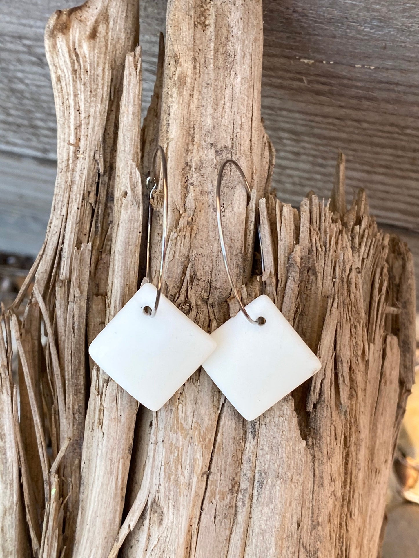 White Recycled Glass Square Dangle Stainless Steel Hoop Earrings