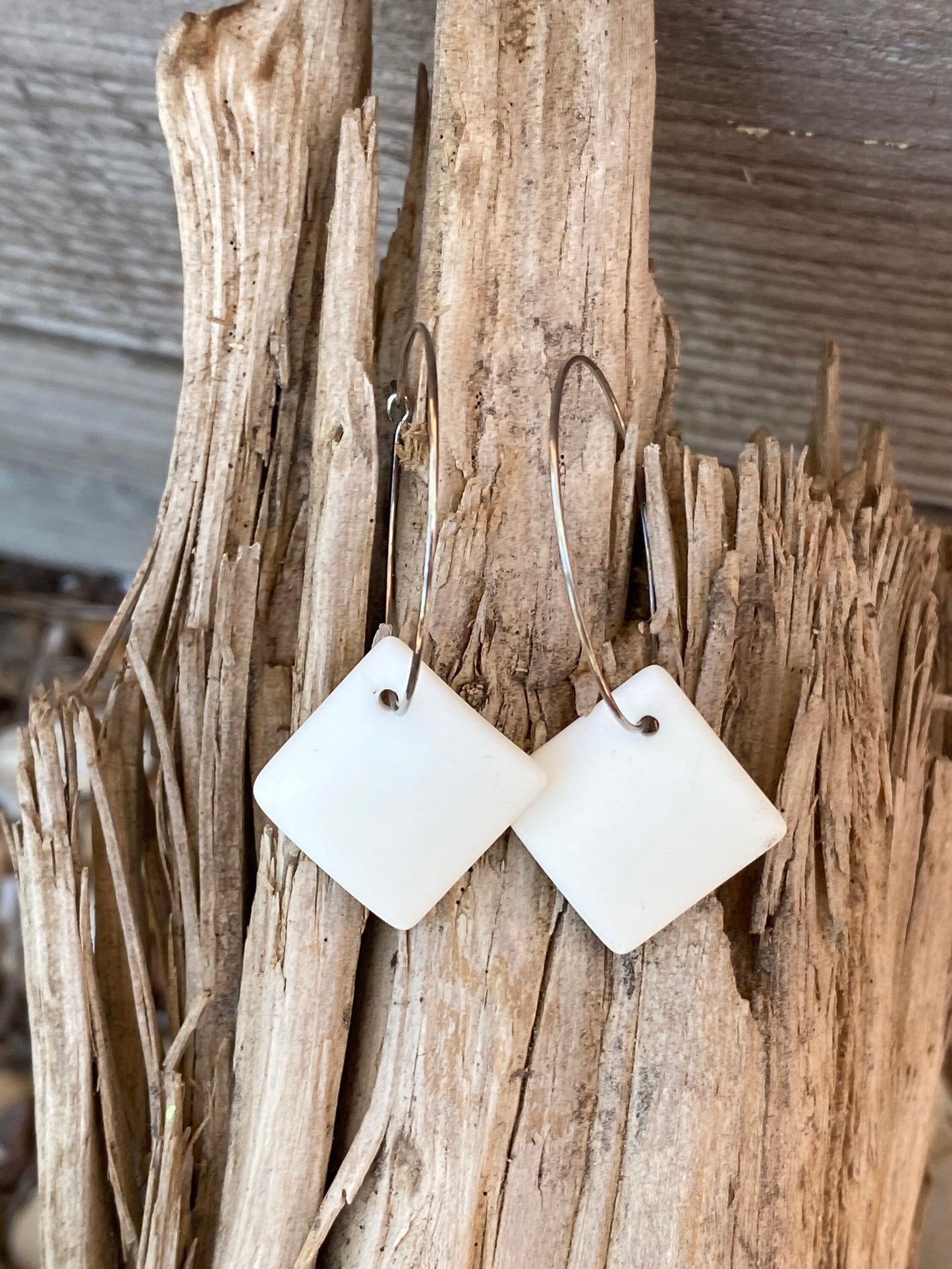 White Recycled Glass Square Dangle Stainless Steel Hoop Earrings