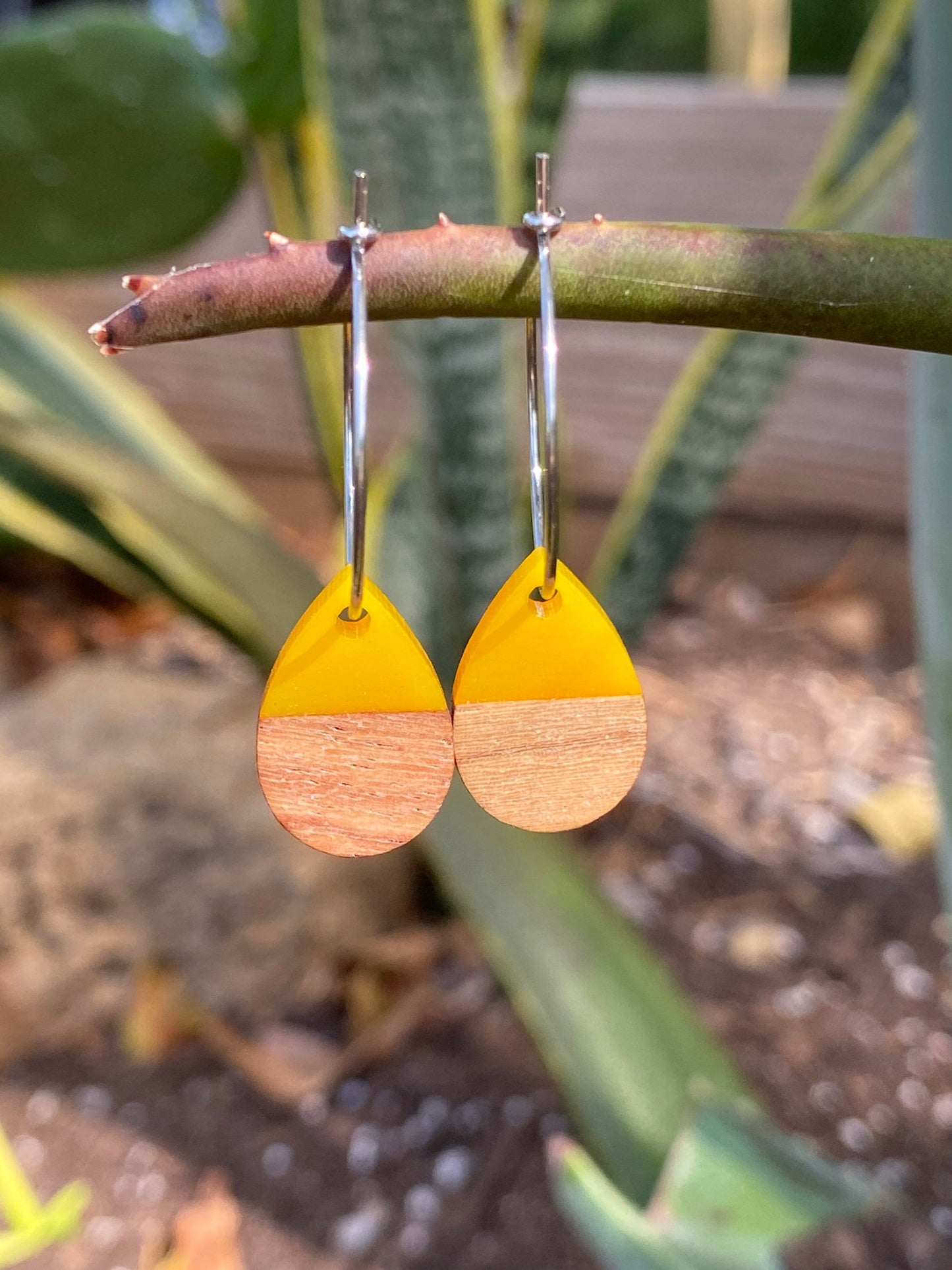 Yellow Resin & Wood Tear Drop Dangle Stainless Steel Hoop Earrings