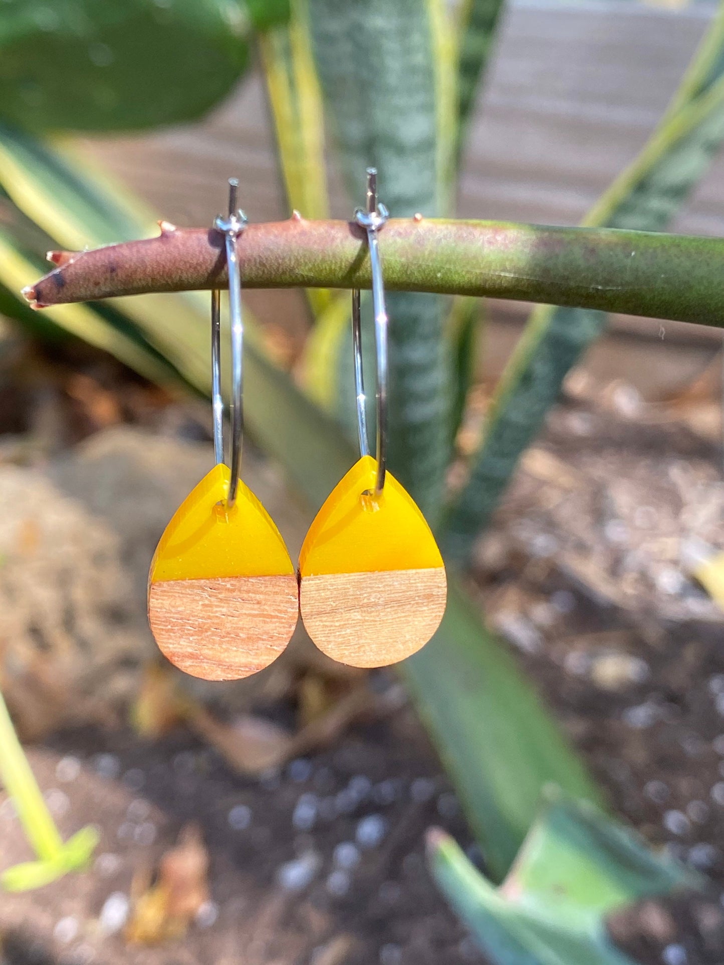 Yellow Resin & Wood Tear Drop Dangle Stainless Steel Hoop Earrings