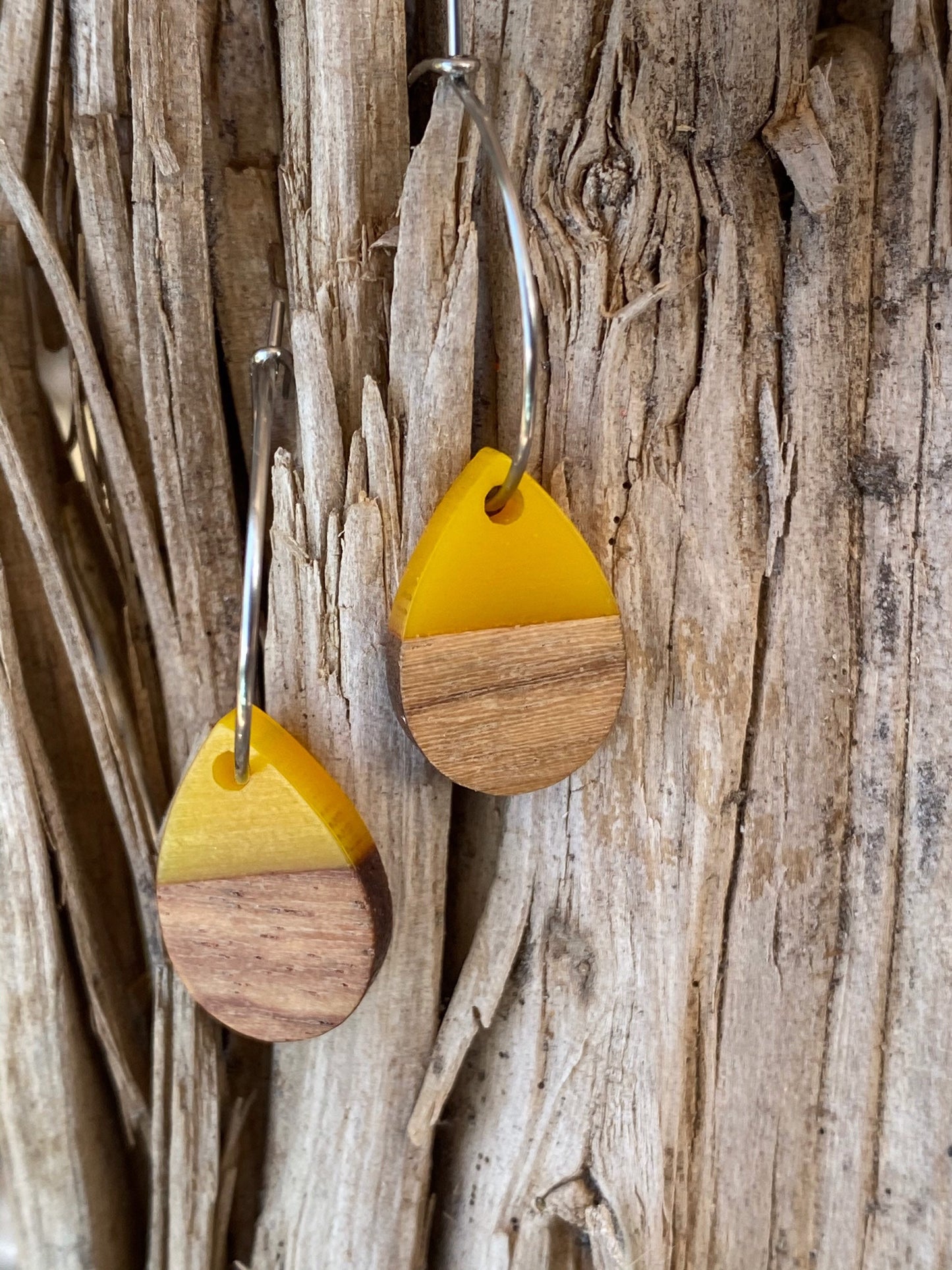 Yellow Resin & Wood Tear Drop Dangle Stainless Steel Hoop Earrings