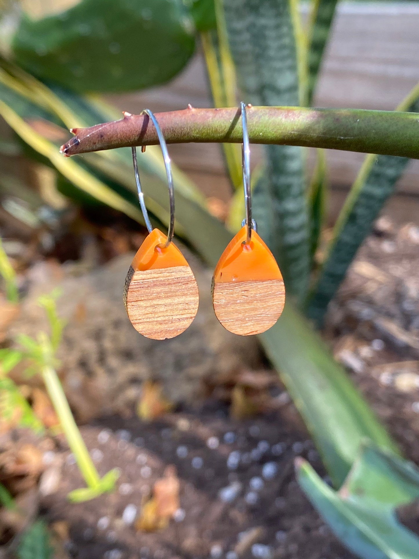 Orange Resin & Wood Tear Drop Dangle Stainless Steel Hoop Earrings