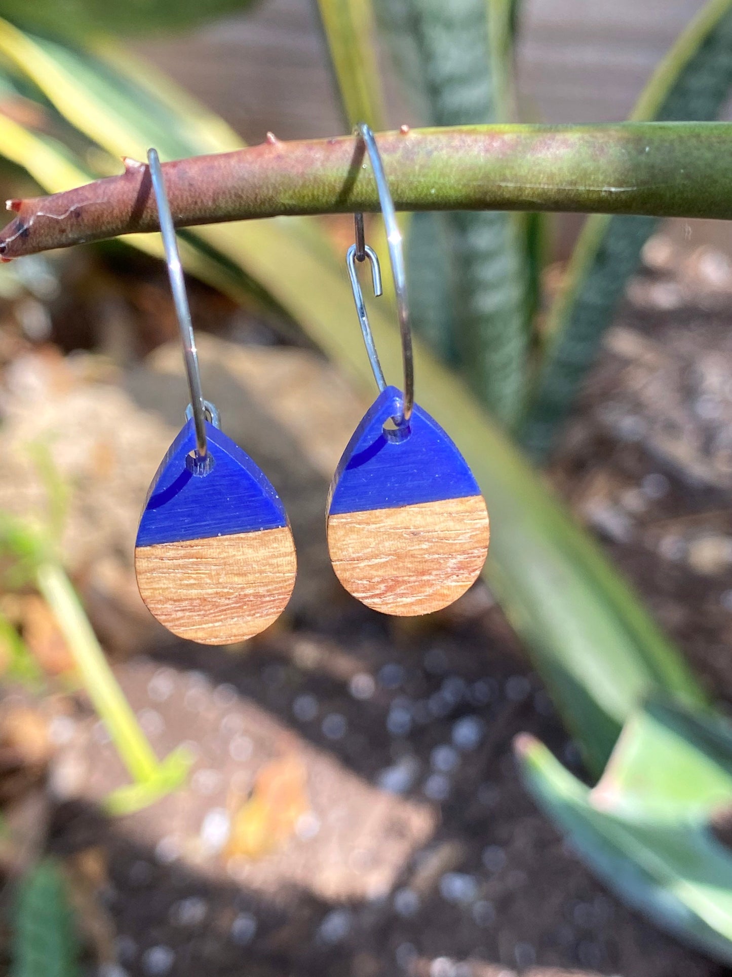 Wood Resin Earrings Boho Earring Blue Earring