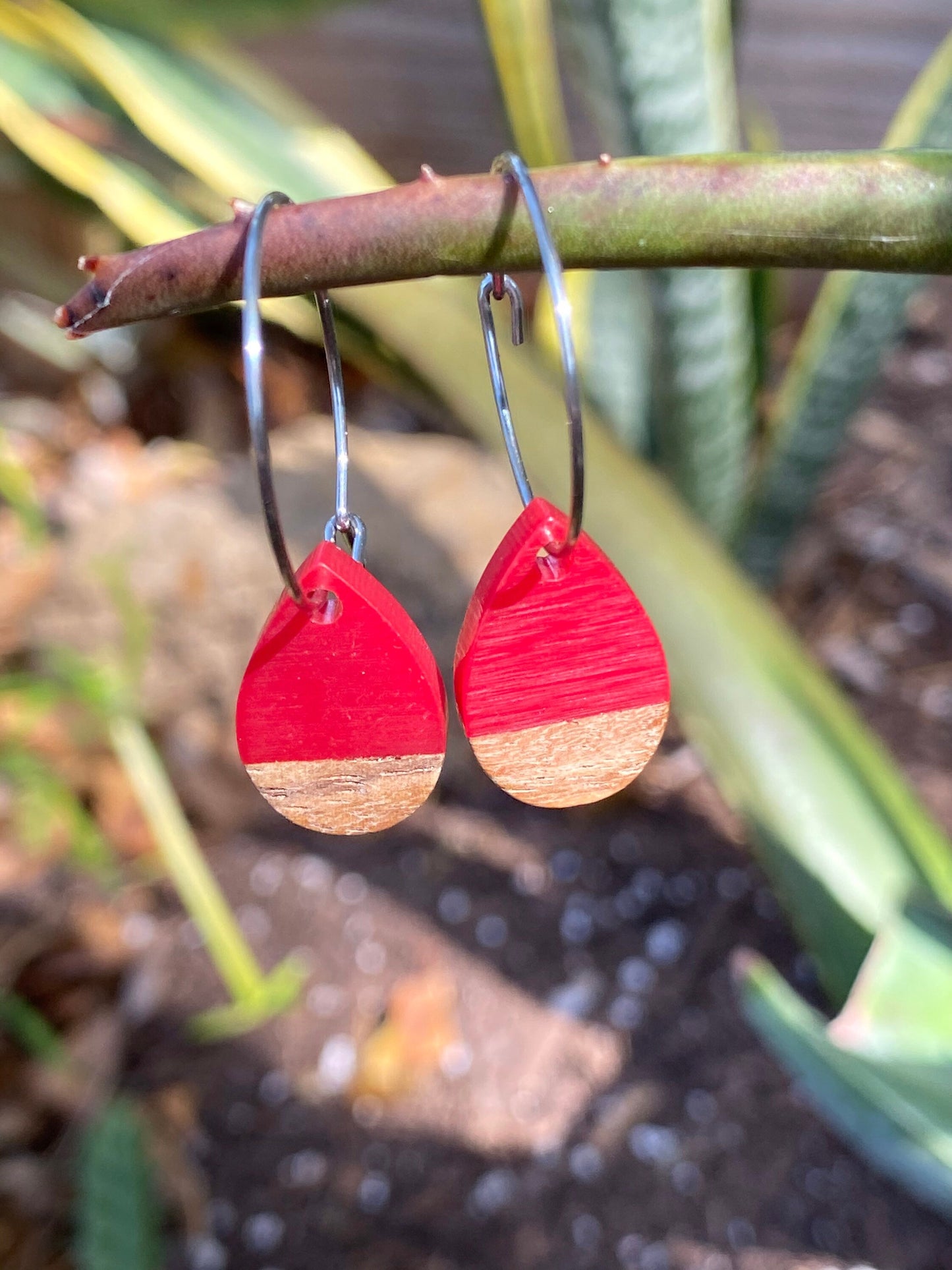 Red Resin & Wood Tear Drop Dangle Stainless Steel Hoop Earrings