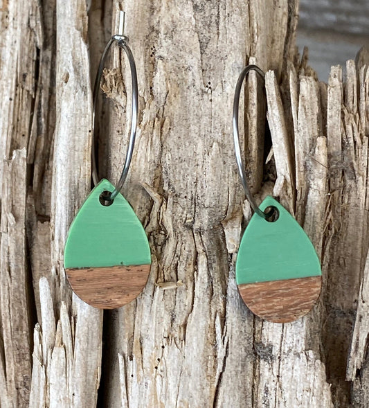 Green Resin & Wood Tear Drop Dangle Stainless Steel Hoop Earrings