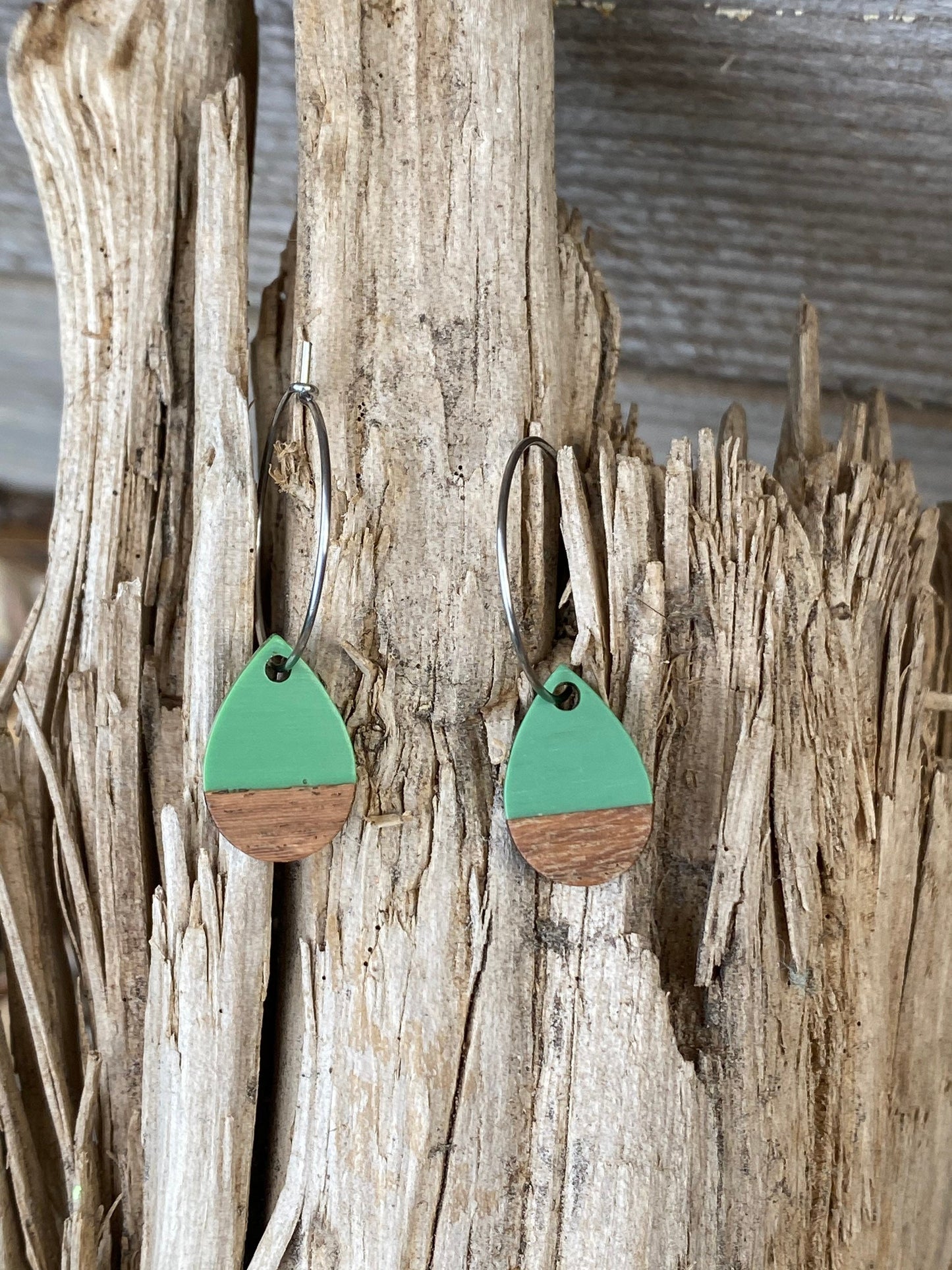 Green Resin & Wood Tear Drop Dangle Stainless Steel Hoop Earrings