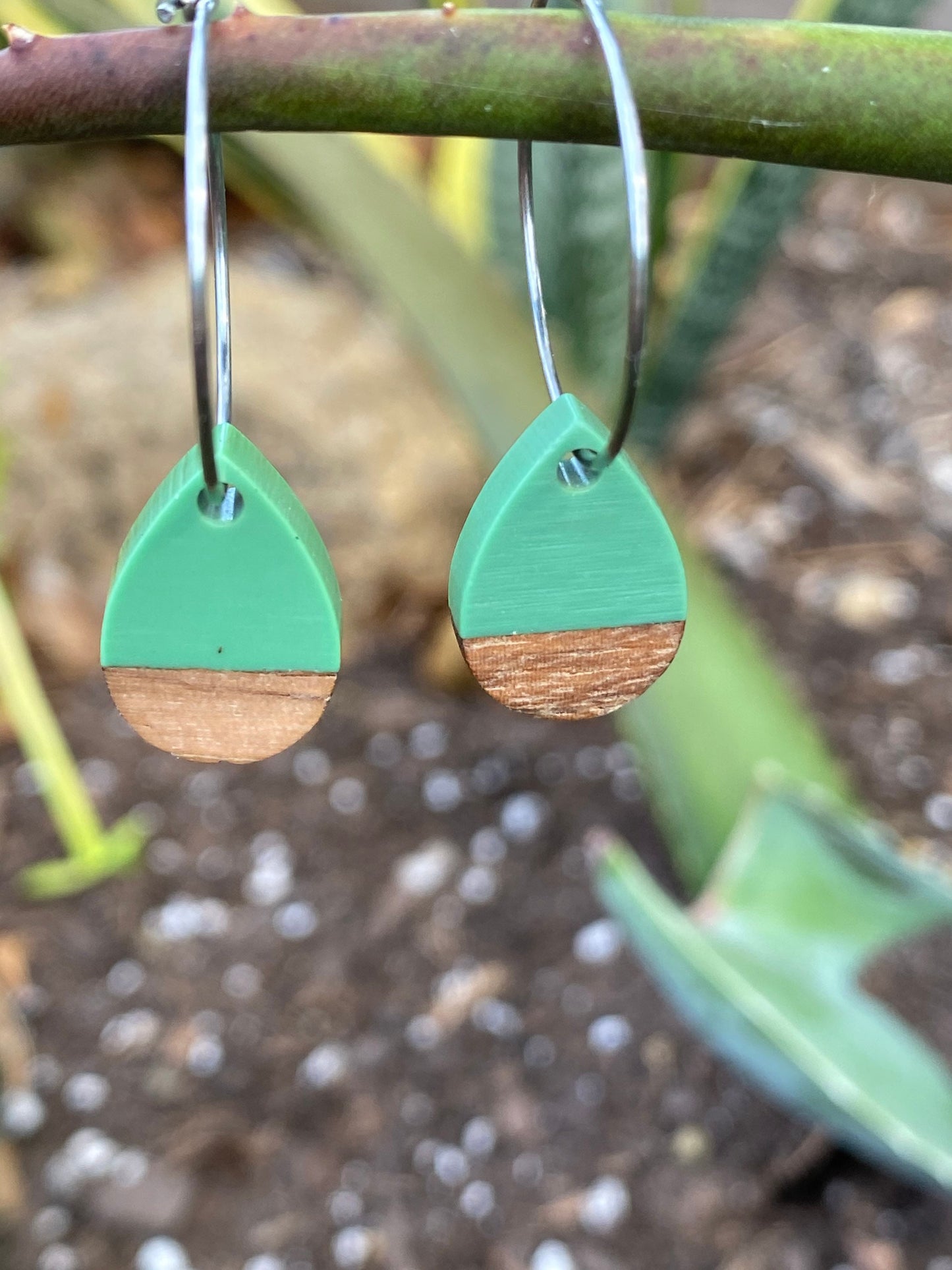 Green Resin & Wood Tear Drop Dangle Stainless Steel Hoop Earrings