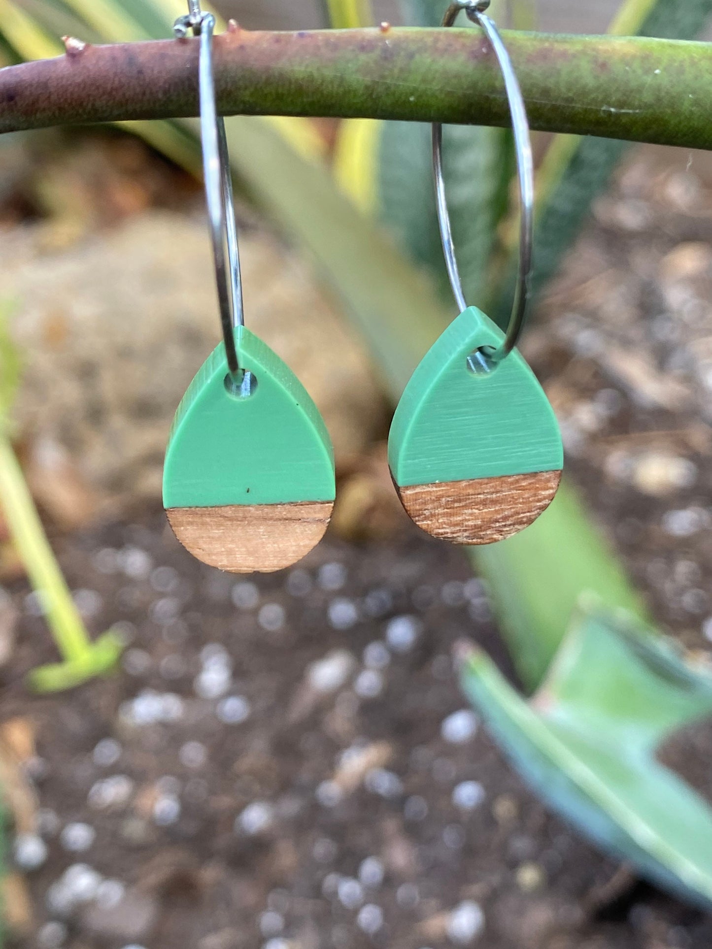 Green Resin & Wood Tear Drop Dangle Stainless Steel Hoop Earrings