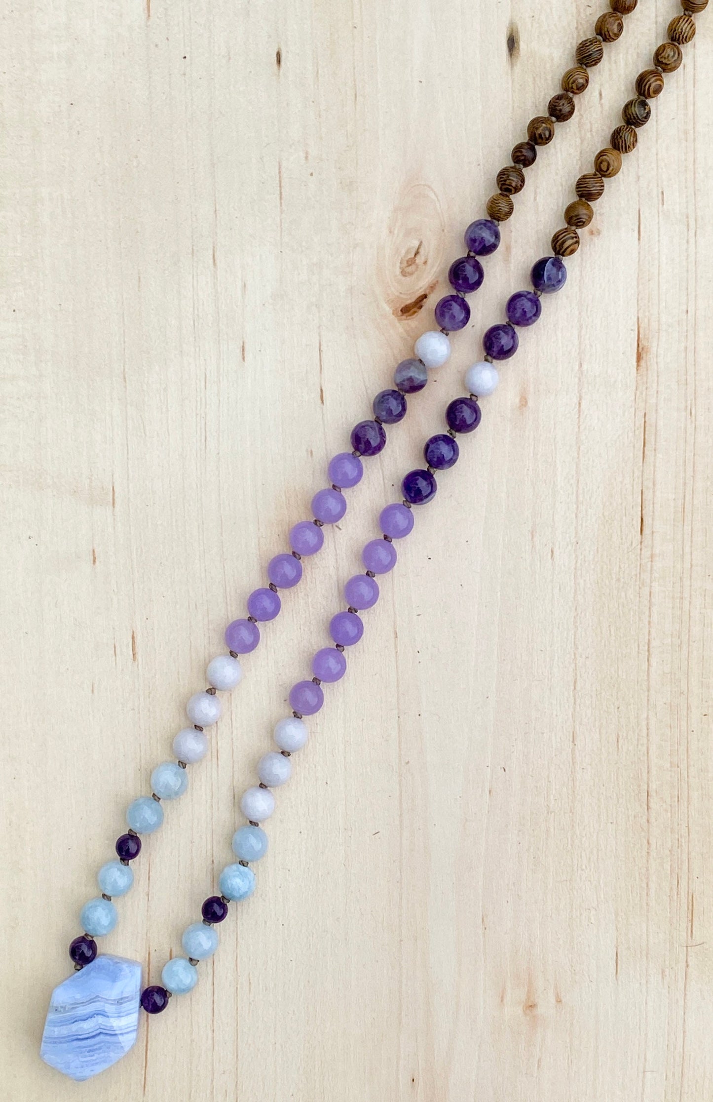 Blue Lace Agate, Jade, Amethyst & Wood Mala Beaded Necklace | Handmade Necklace | One of a kind necklace | Natural Stone | Yoga | Meditation