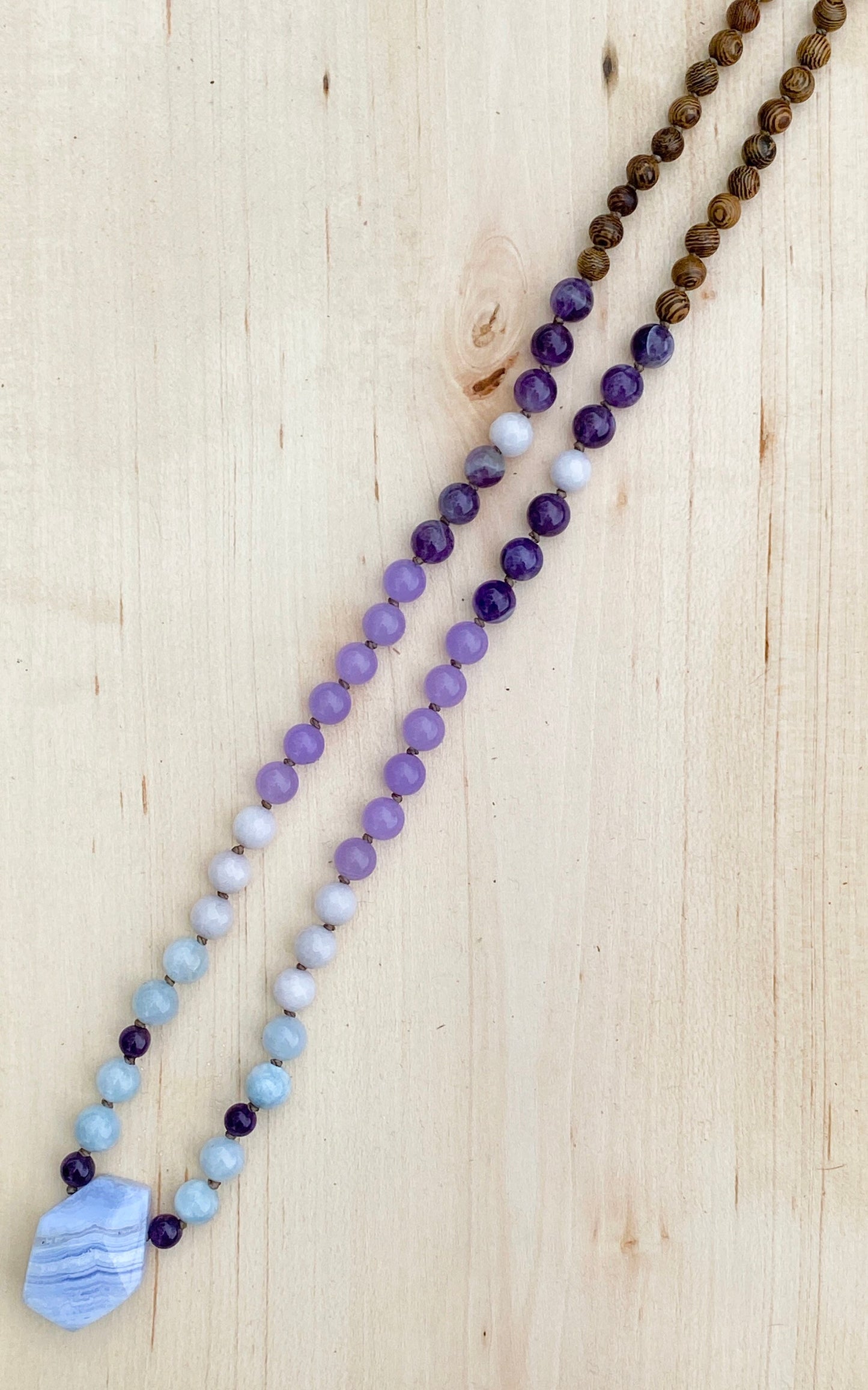 Blue Lace Agate, Jade, Amethyst & Wood Mala Beaded Necklace | Handmade Necklace | One of a kind necklace | Natural Stone | Yoga | Meditation