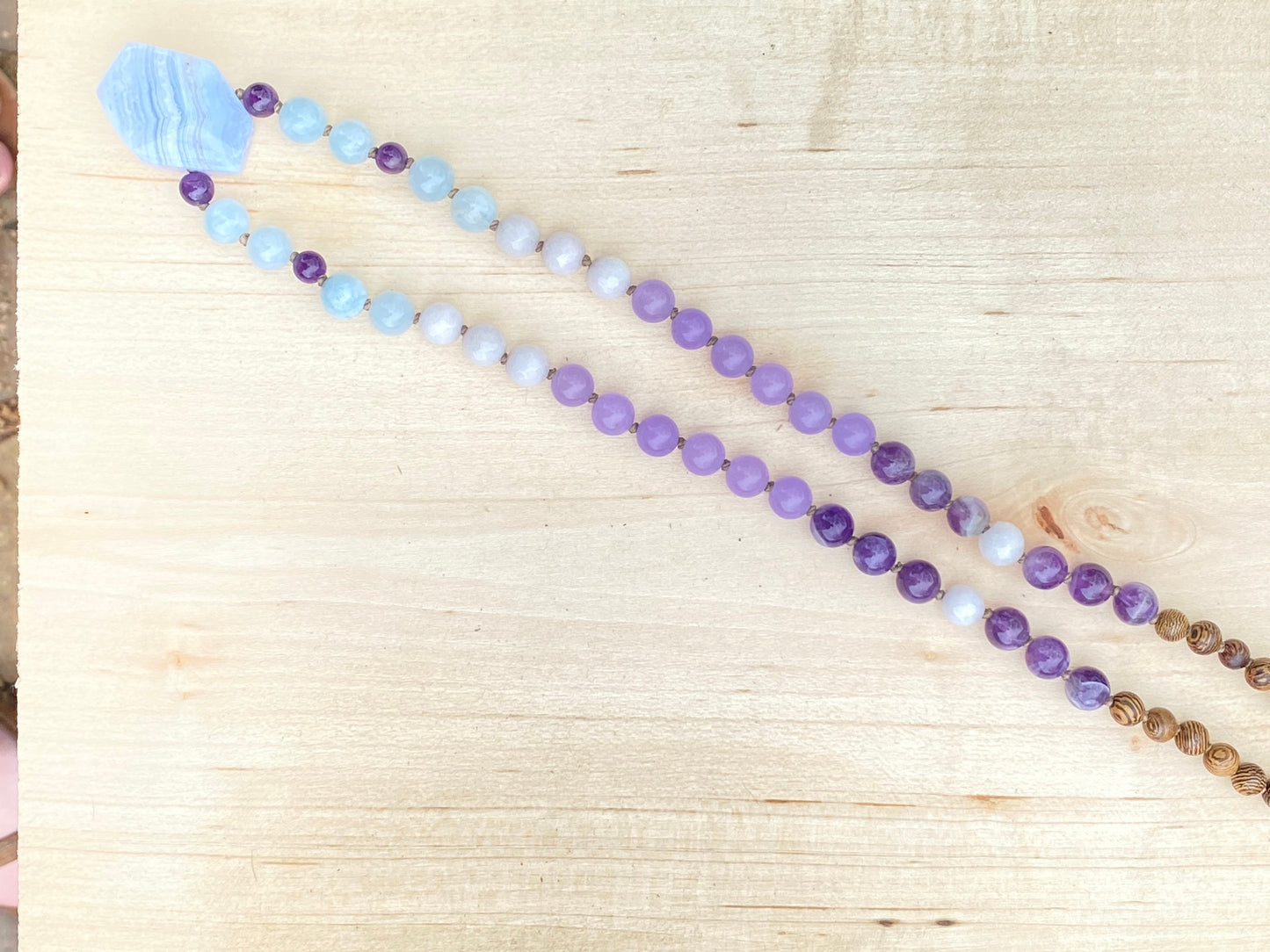 Blue Lace Agate, Jade, Amethyst & Wood Mala Beaded Necklace | Handmade Necklace | One of a kind necklace | Natural Stone | Yoga | Meditation