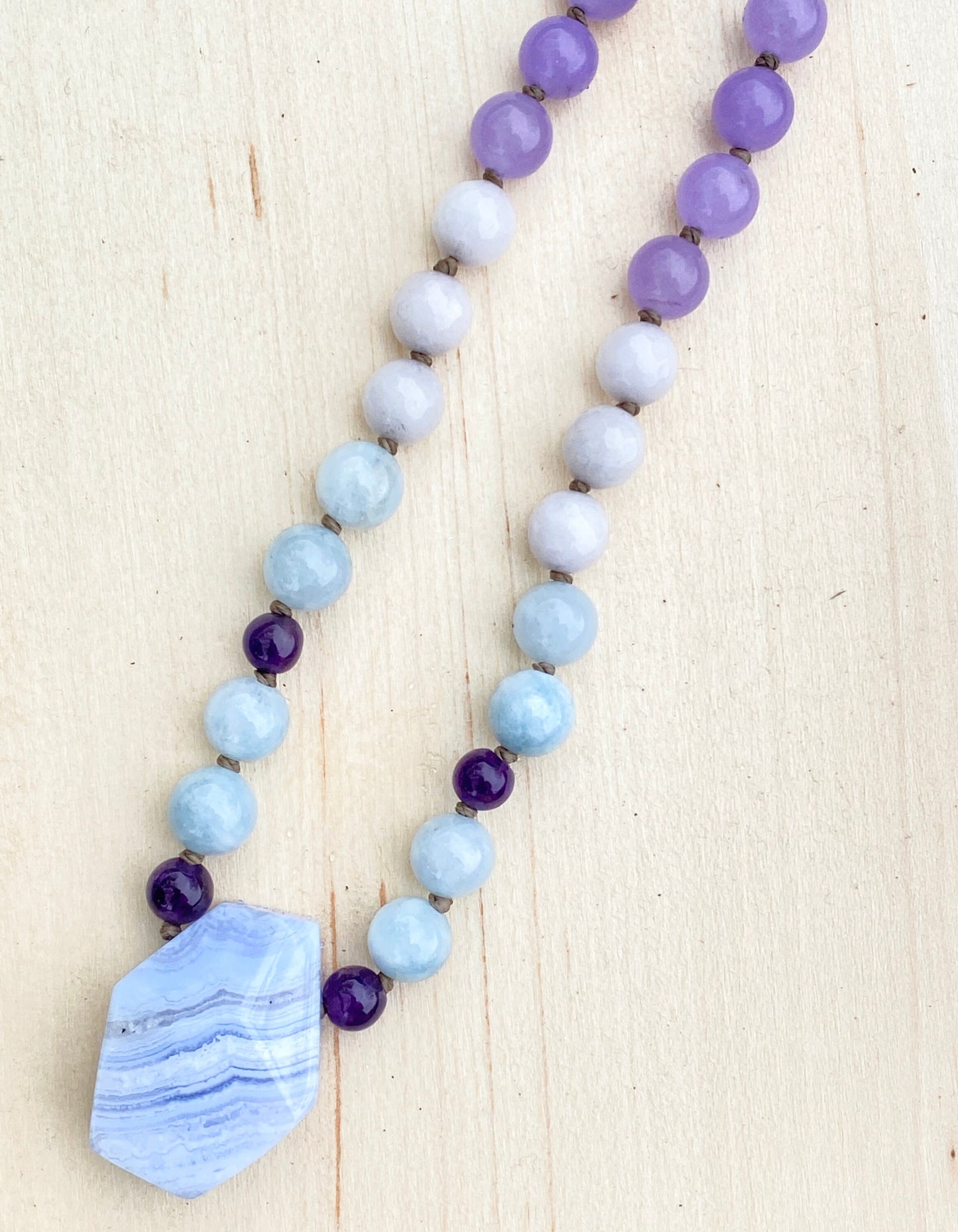 Blue Lace Agate, Jade, Amethyst & Wood Mala Beaded Necklace | Handmade Necklace | One of a kind necklace | Natural Stone | Yoga | Meditation