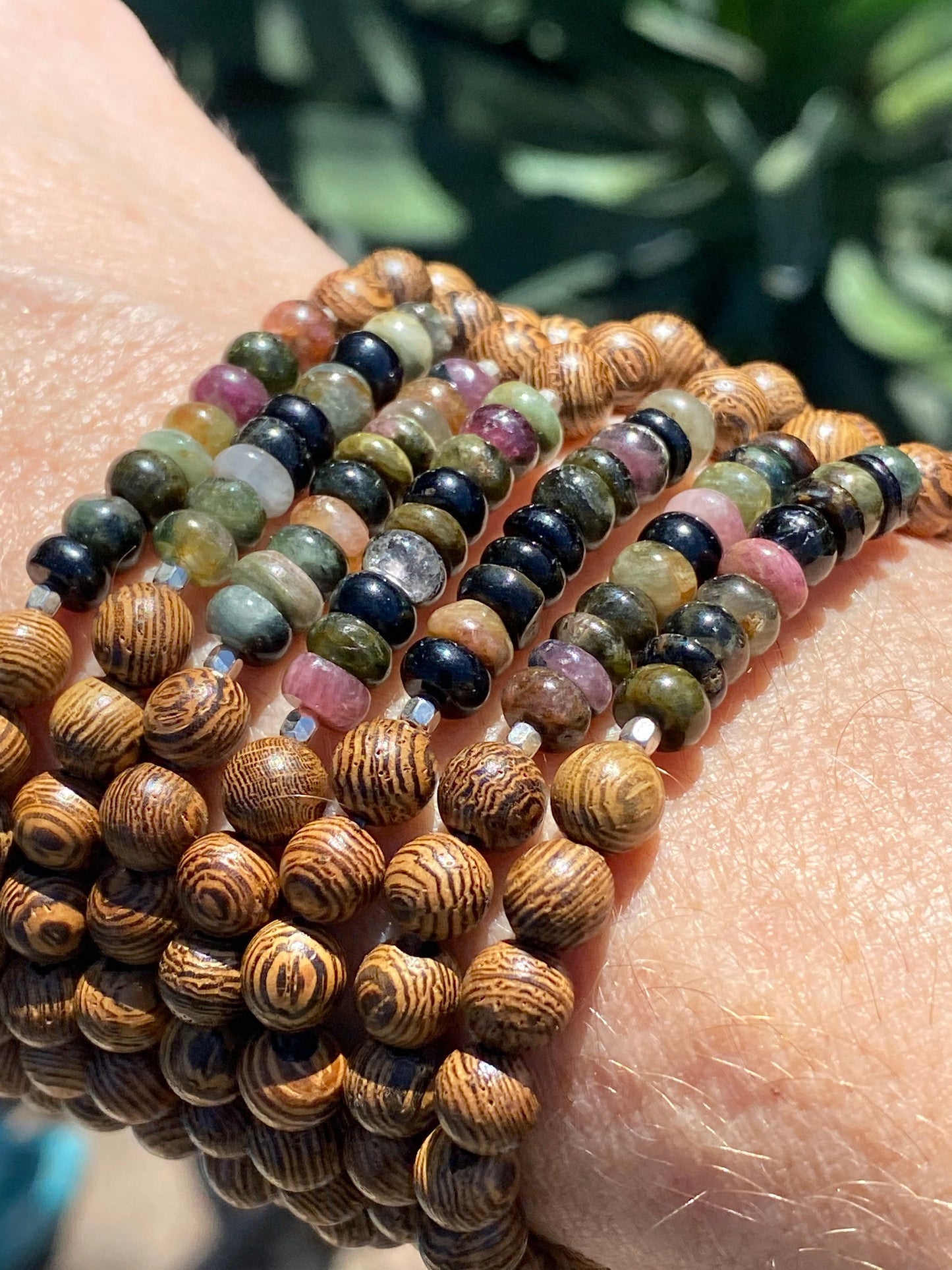 Watermelon Tourmaline Roundel & Wood Bracelet | Boho Bracelet | Wood Bracelet | Natural Stone Bracelet | Yoga | Meditation