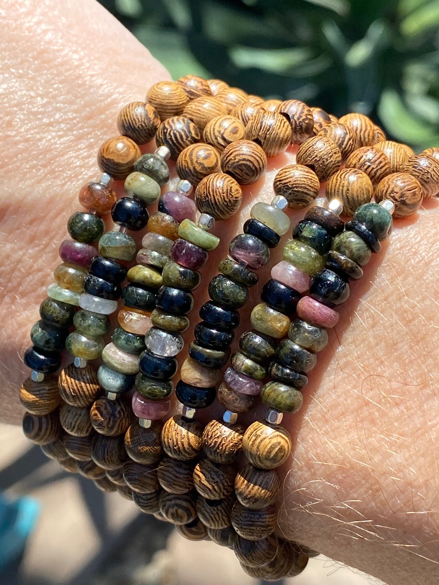 Watermelon Tourmaline Roundel & Wood Bracelet | Boho Bracelet | Wood Bracelet | Natural Stone Bracelet | Yoga | Meditation