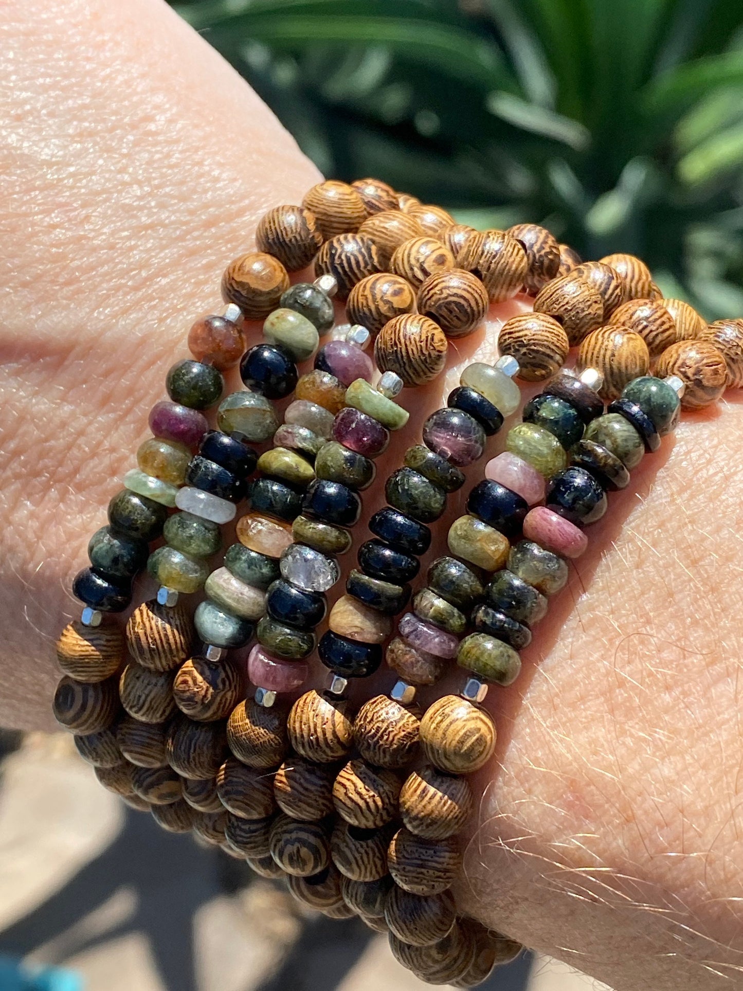 Watermelon Tourmaline Roundel & Wood Bracelet | Boho Bracelet | Wood Bracelet | Natural Stone Bracelet | Yoga | Meditation