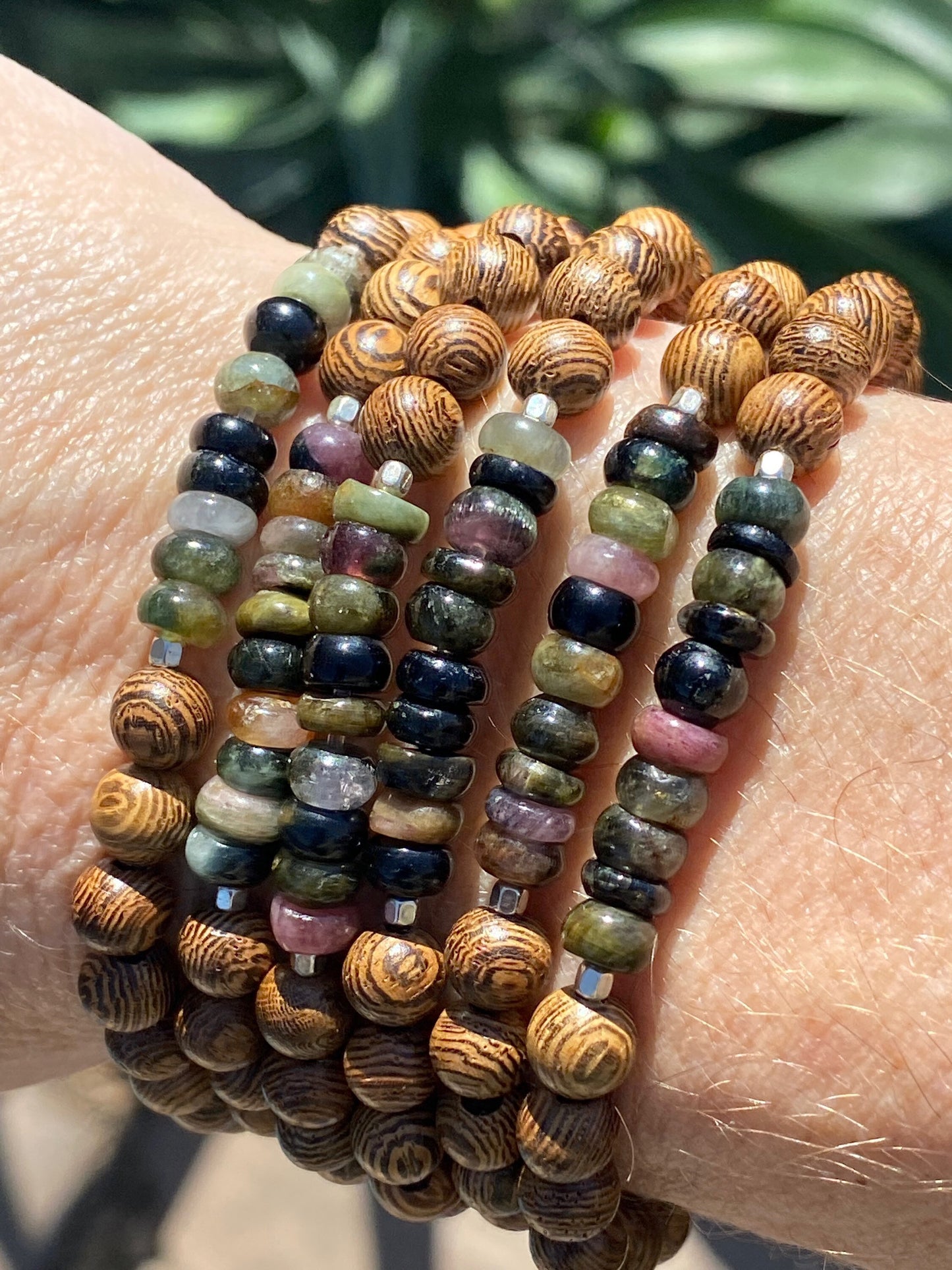 Watermelon Tourmaline Roundel & Wood Bracelet | Boho Bracelet | Wood Bracelet | Natural Stone Bracelet | Yoga | Meditation