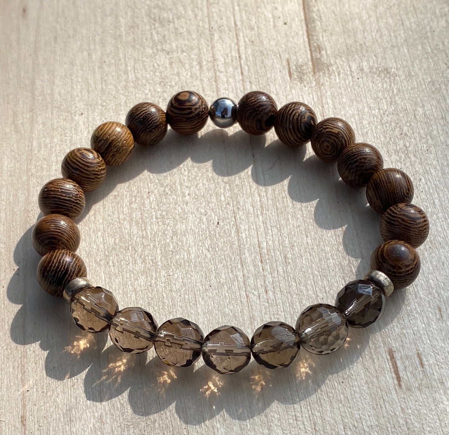 Handmade Chakra Bracelet Faceted Smoky Quartz Bracelet Wood Mala Bracelet Unisex Bracelet Smokey Quartz & Wood Bracelet