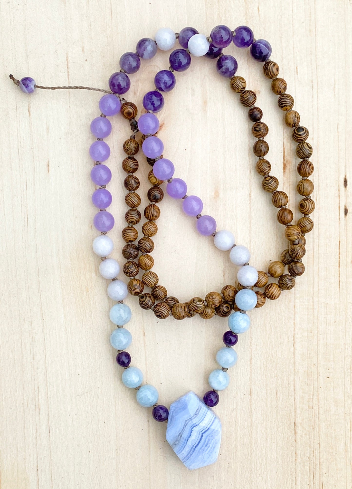 Blue Lace Agate, Jade, Amethyst & Wood Mala Beaded Necklace | Handmade Necklace | One of a kind necklace | Natural Stone | Yoga | Meditation