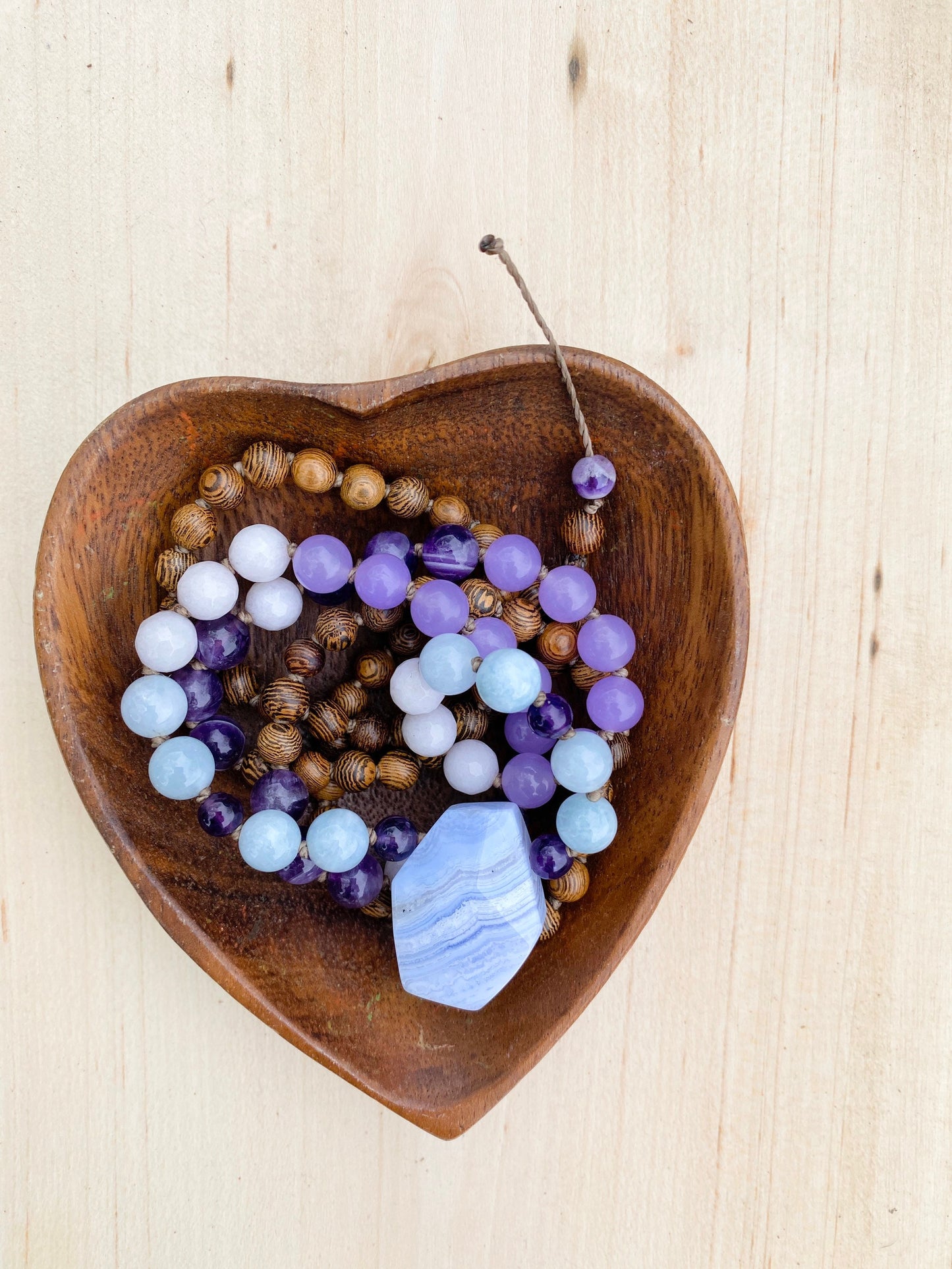 Blue Lace Agate, Jade, Amethyst & Wood Mala Beaded Necklace | Handmade Necklace | One of a kind necklace | Natural Stone | Yoga | Meditation