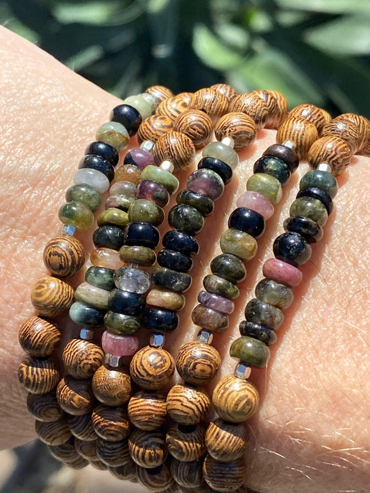 Watermelon Tourmaline Roundel & Wood Bracelet | Boho Bracelet | Wood Bracelet | Natural Stone Bracelet | Yoga | Meditation