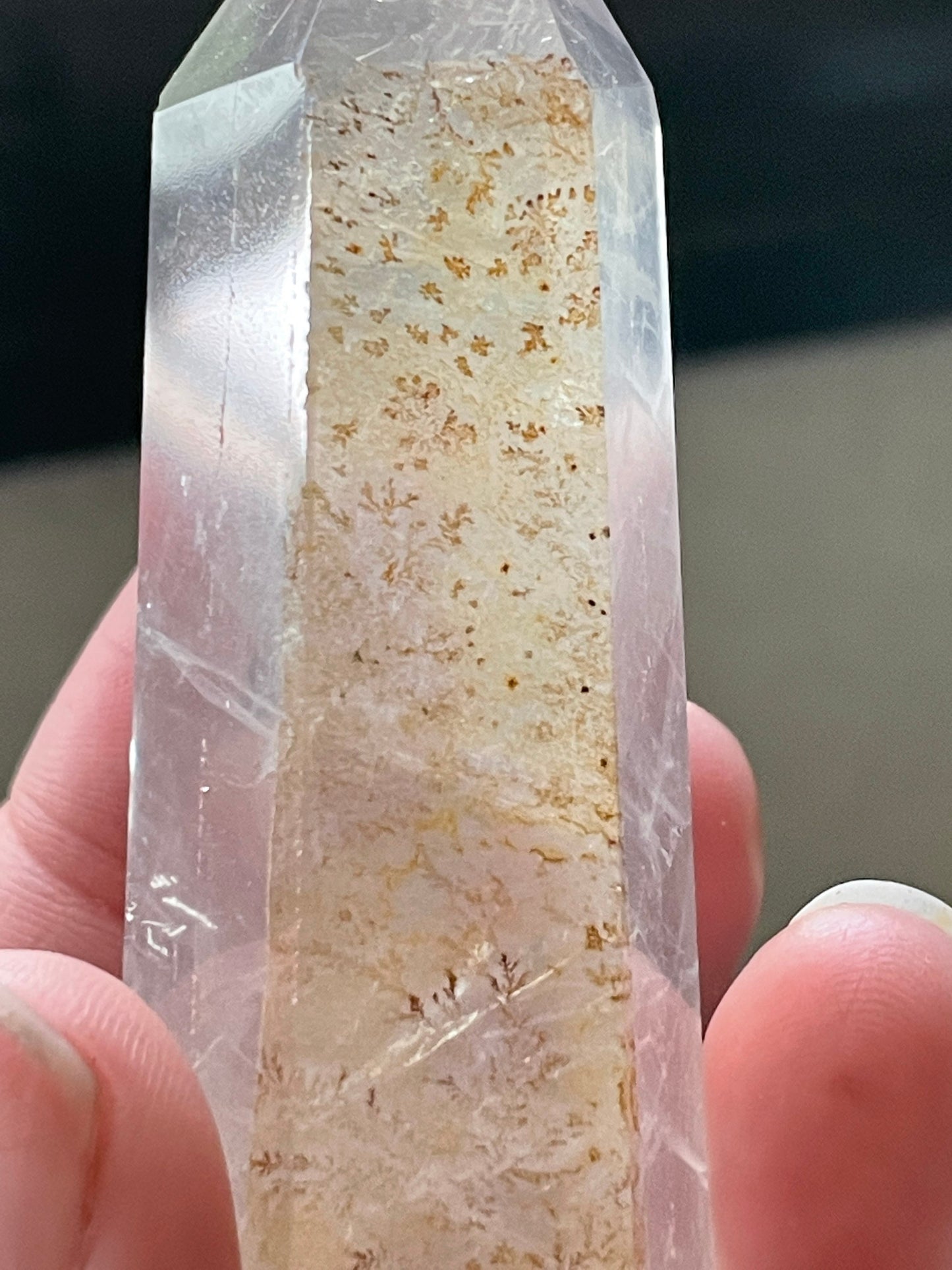 Rare Clear Quartz Tower with Dendritic on one side.